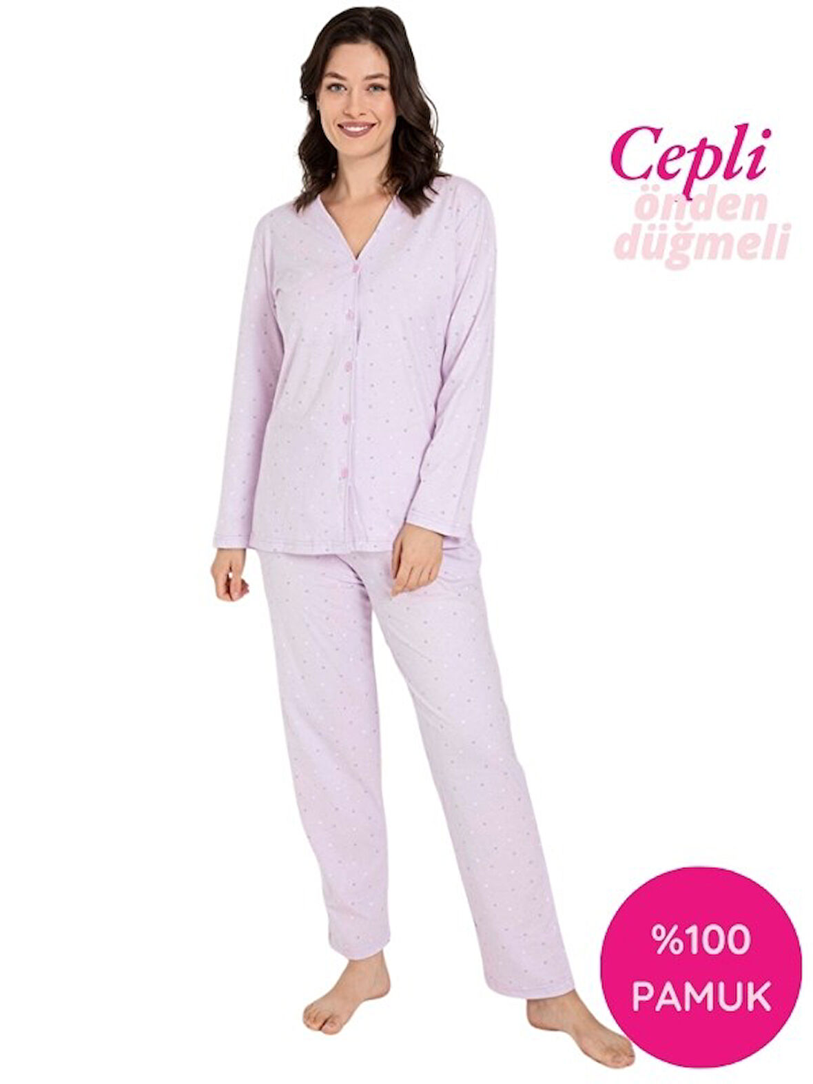 Kadın V Yaka Önden Düğmeli %100 Pamuk Uzun Kol Cepli Pijama Takımı