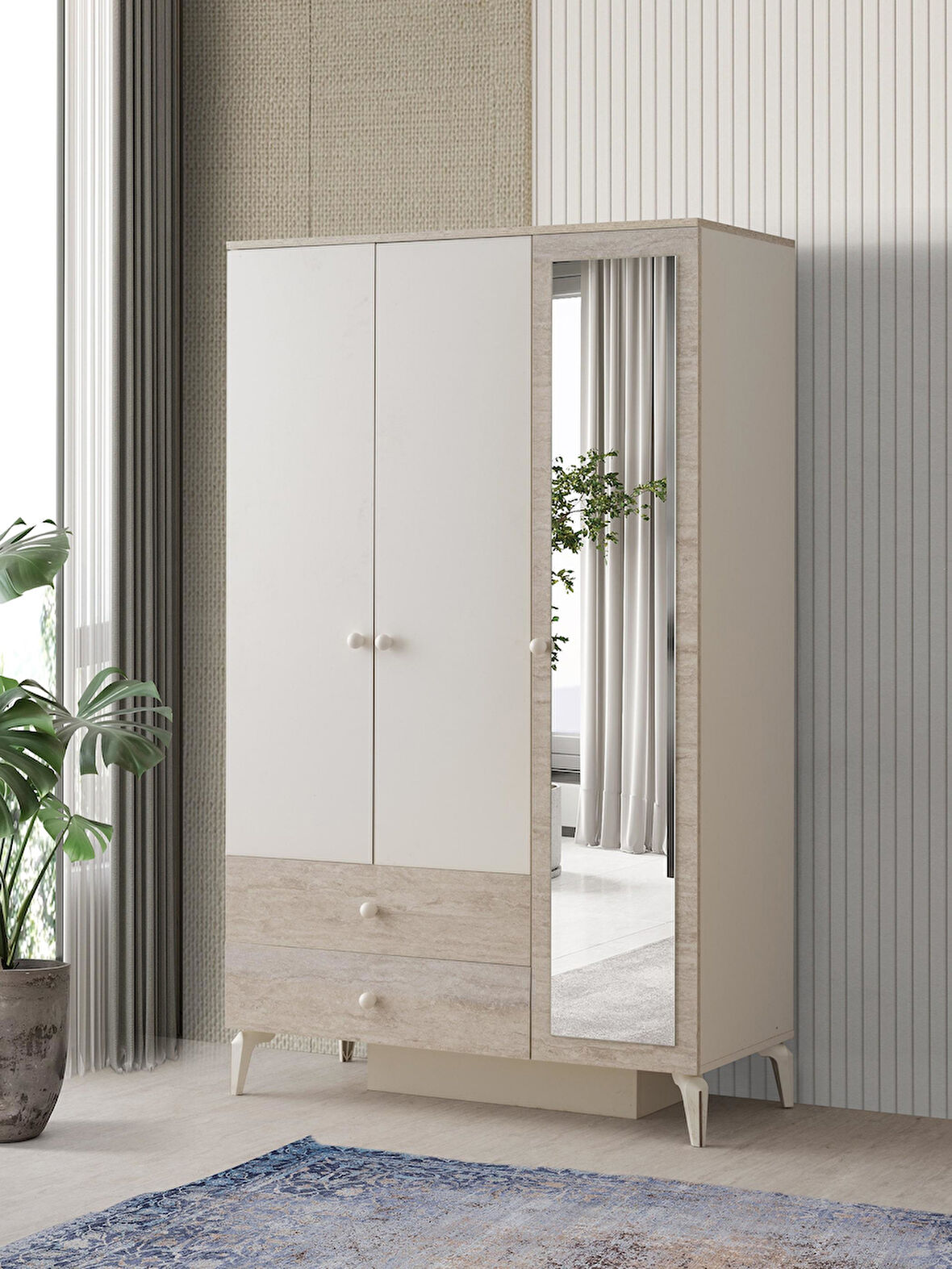 Petra 3 Kapaklı Aynalı Elbise Dolabı Gardrop 120x55x200 