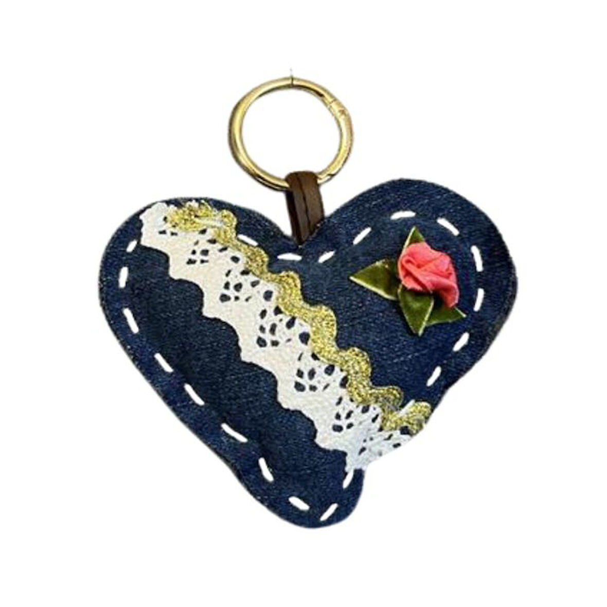 Uretti - Ege 7366 3242 El Yapımı Kalp Model Dantel Şerit Ve Gül Motif Anahtarlık