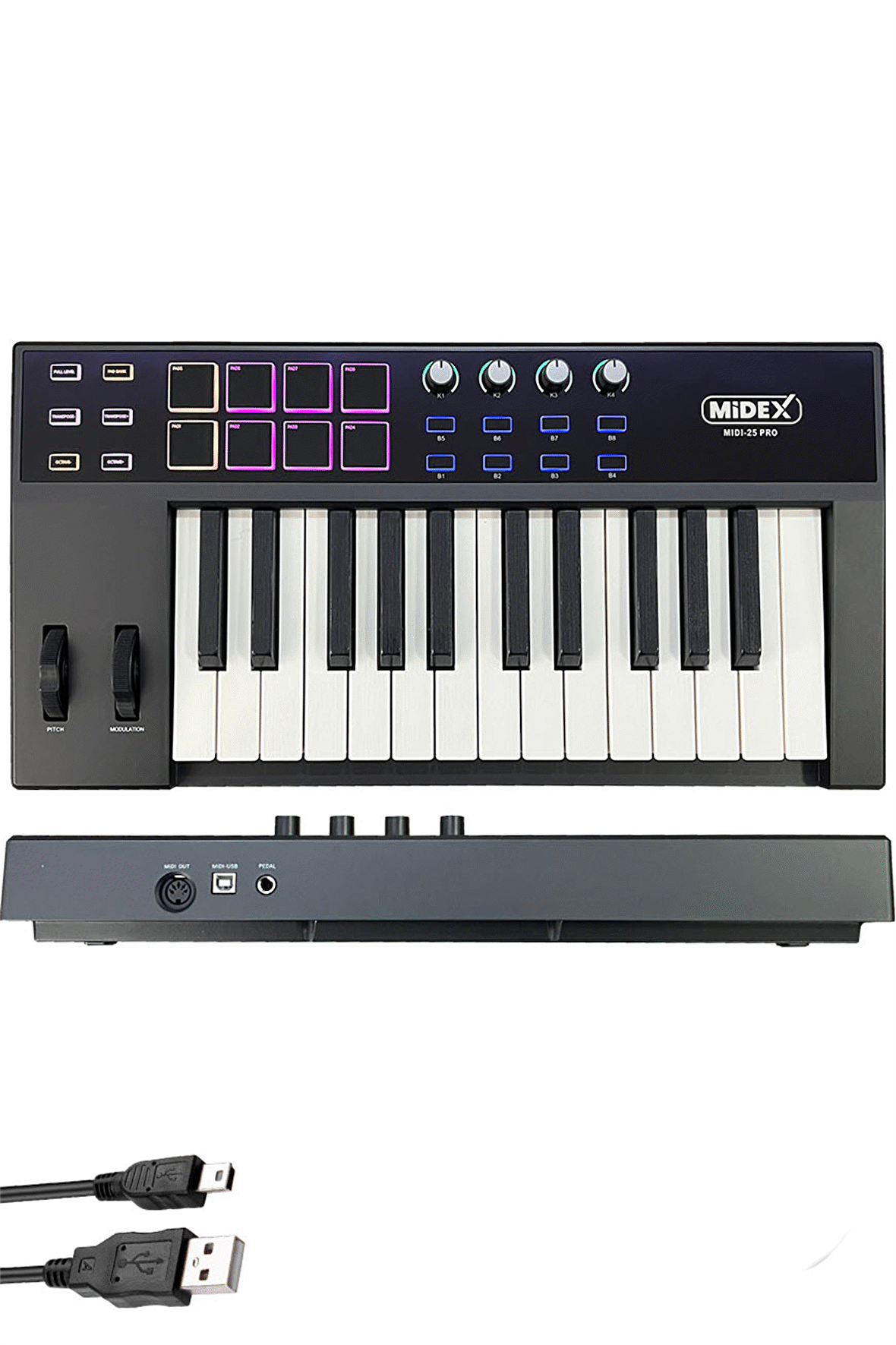 Midex Midi-25 PRO Midi Klavye 25 Tuşlu Midi Keyboard 8 Pad