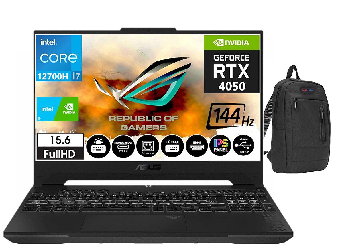 ASUS TUF15 FX507ZU4-LP050 İntel Core i7 12700 64gb Ram 512gb SSD 6GB RTX4050 140W 15.6 İnç 144Hz IPS FHD Windows11Home Taşınabilir Bilgisayar LP05016+WeblegelsinÇanta