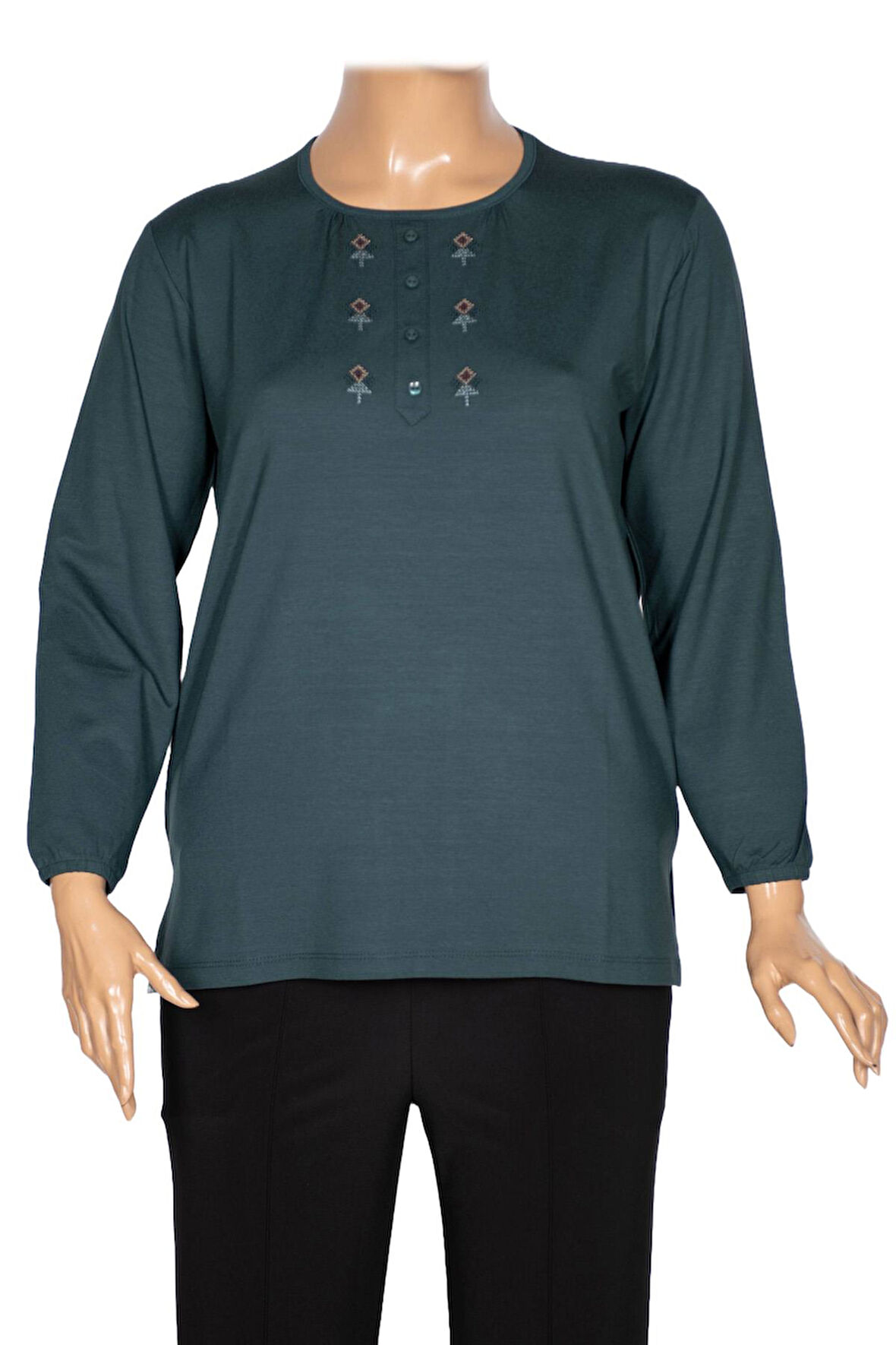 Cimariva Kadın Neşe Büyük Beden O Yaka Robası Nakışlı Koyu Turkuaz Bluz