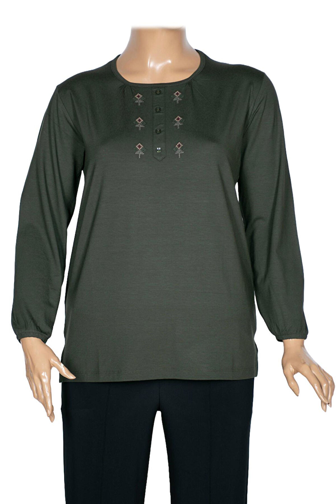 Cimariva Kadın Neşe Büyük Beden O Yaka Robası Nakışlı Haki Bluz