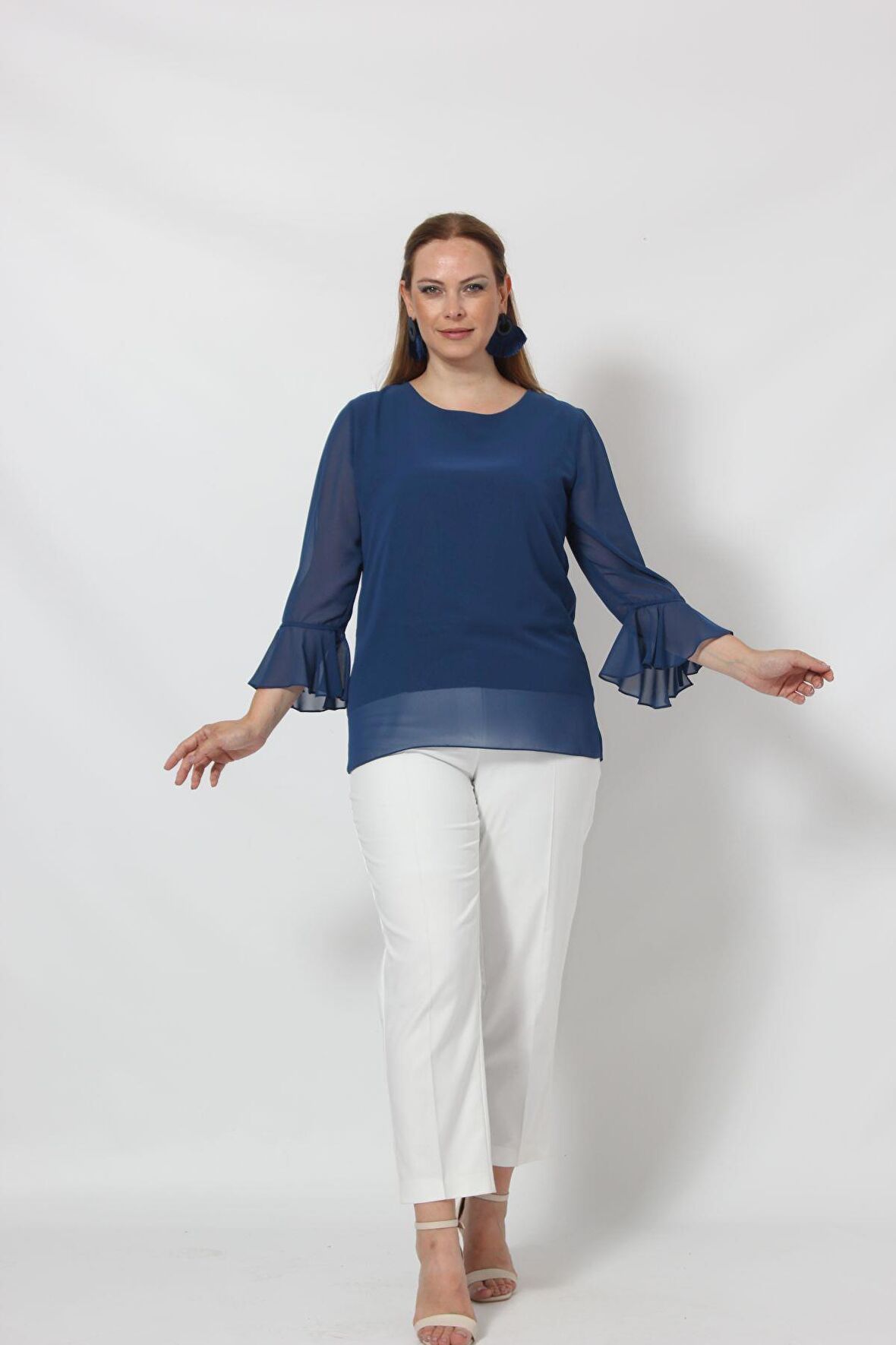 3119İ İndigo Kolu Valon ve Bağcık Detaylı Bluz