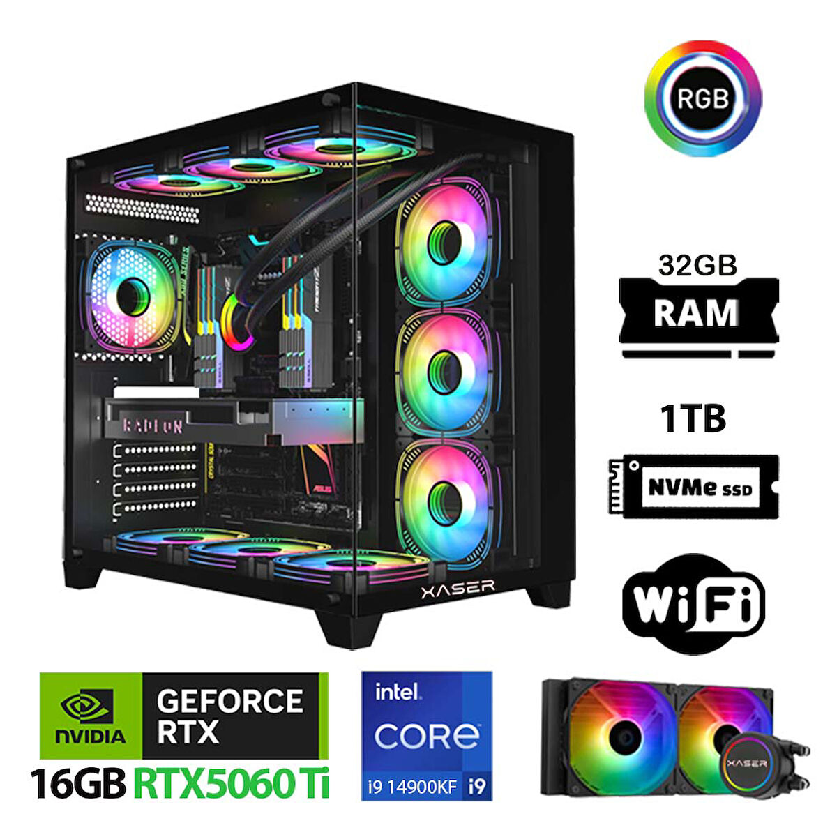 Xaser Lexus x730 i9 14900KF 32GB DDR5 Ram 1TB M.2 NVMe SSD 16GB RTX5060 Ti Sıvı Soğutmalı Oyuncu Bilgisayarı