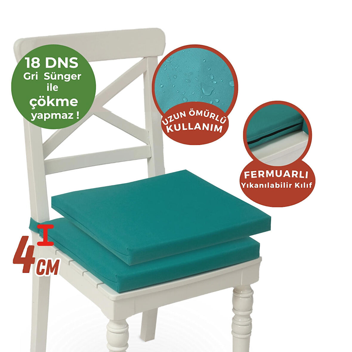 Xpermate Fermuarlı 2'li Sandalye Minderi Su İtici Kumaş 40x40Cm Sünger Sandalye Minderi Bağcıklı Turkuaz