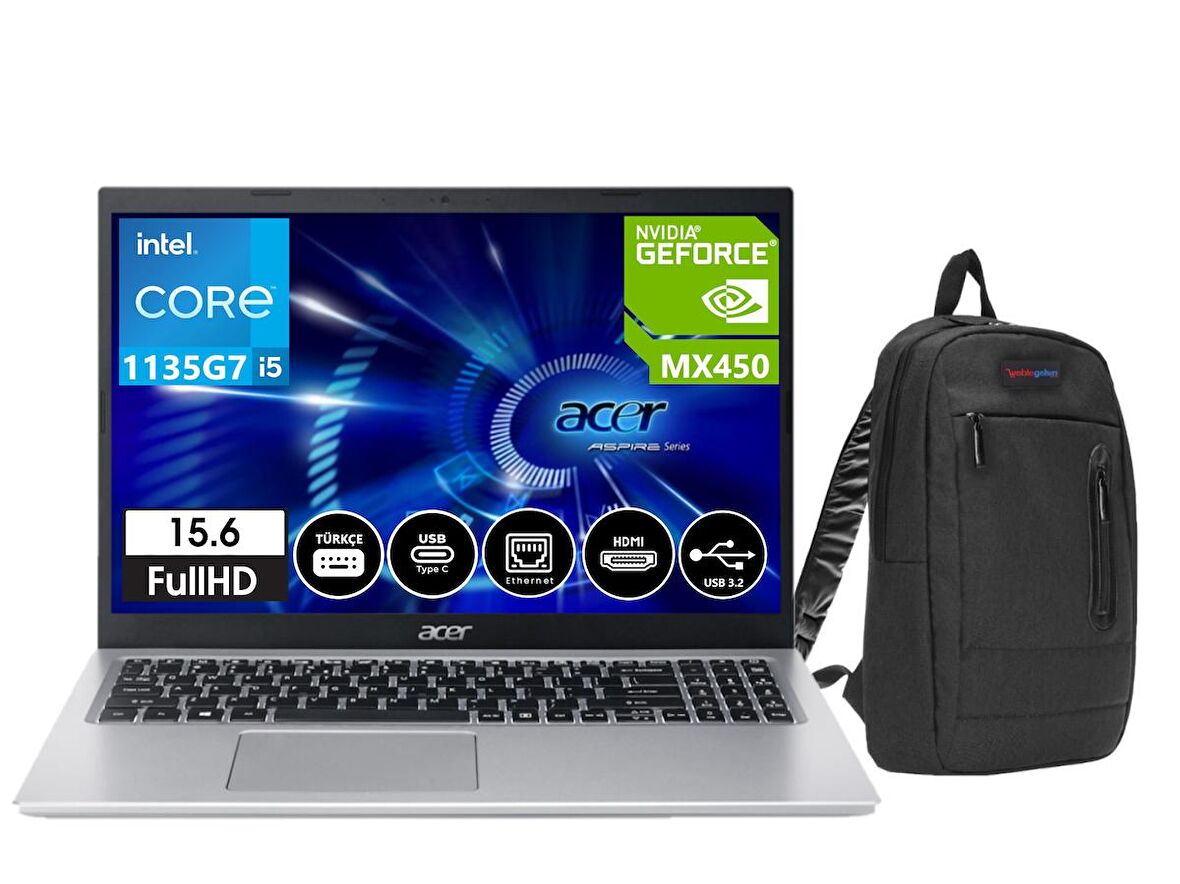 Acer Aspire 5 A515-56G Intel Core I5 1135G7 36gb 256GB SSD MX450-2GB 15.6" Dos FHD Dizüstü Bilgisayar NXAT2EY00113+WeblegelsinÇanta
