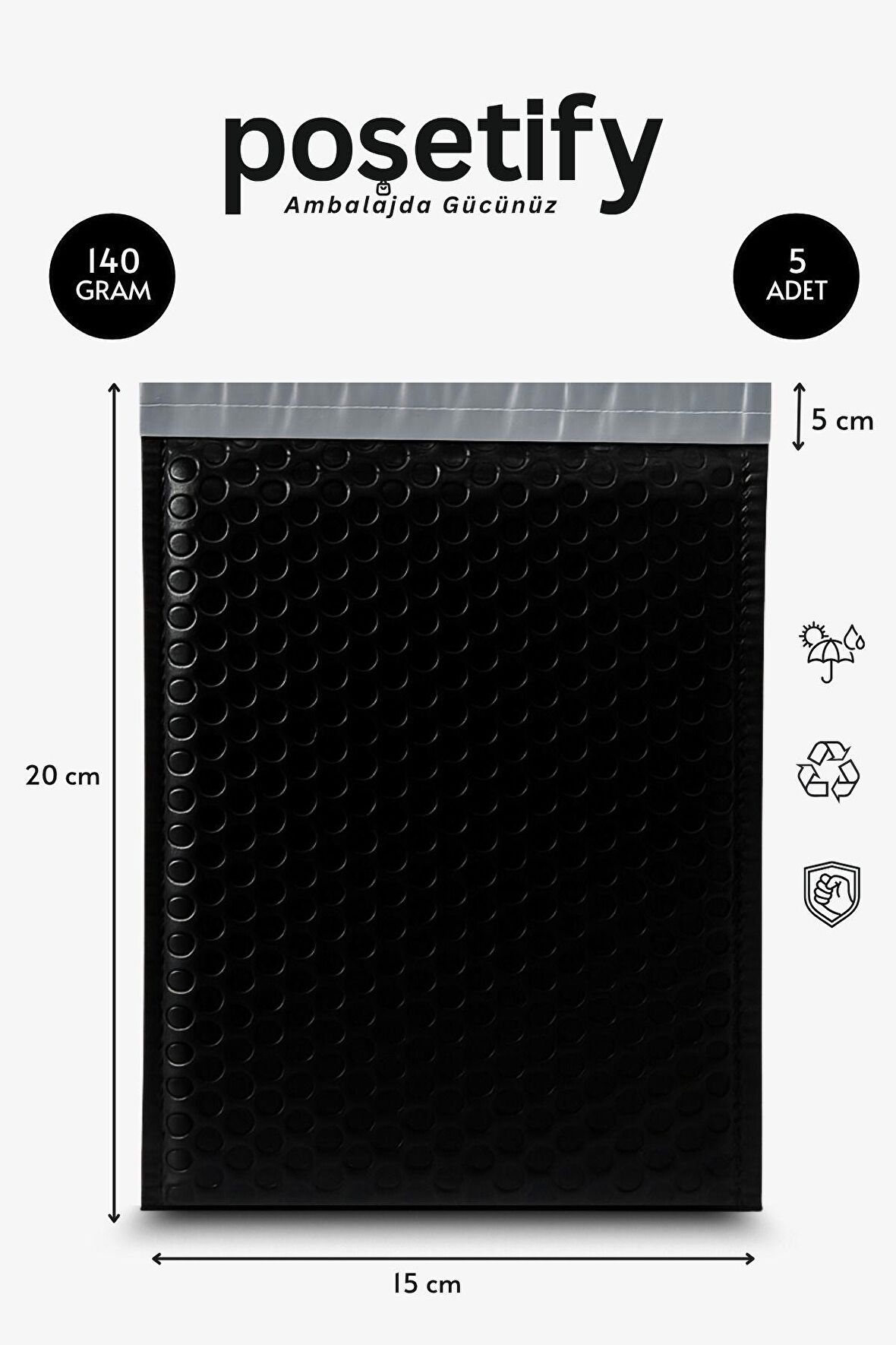 Balonlu Siyah Kargo Poşeti 15x20+5 cm | 140 gr Bantlı Patpatlı Kargo Poşeti | 5’li E-Ticaret Poşeti