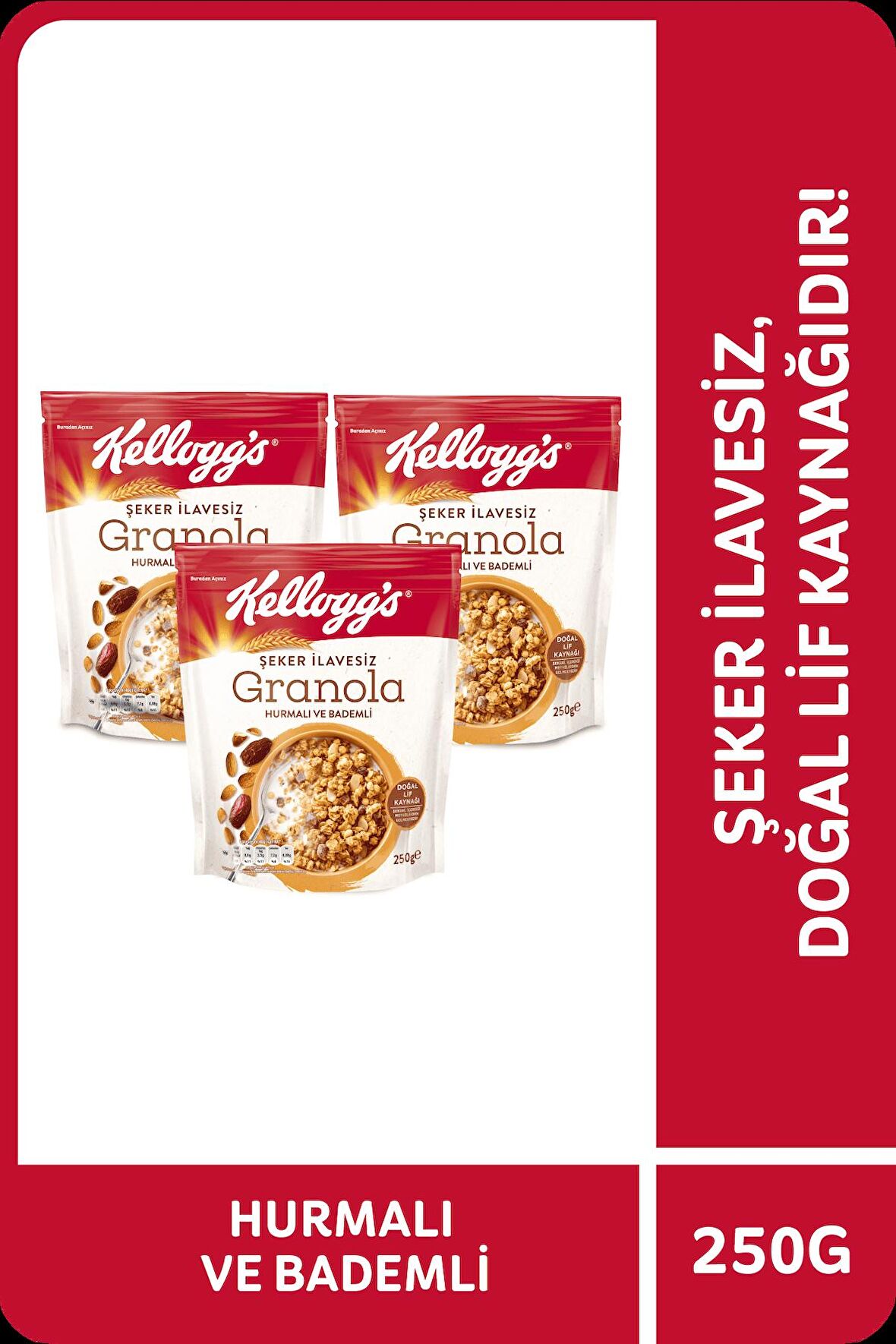 KELLOGG'S ŞEKER İLAVESİZ GRANOLA HURMALI VE BADEMLİ 250 GRAM x 3 ADET,