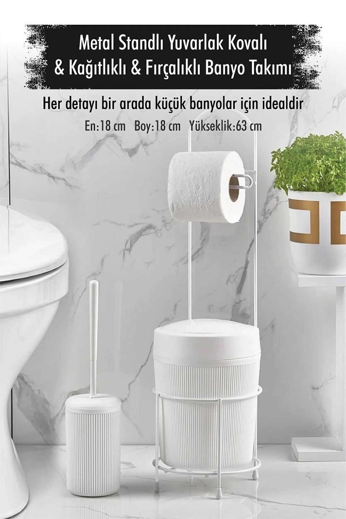 Metal Standlı Yuvarlak Kovalı & Kağıtlıklı & Fırçalıklı Beyaz Banyo Takımı