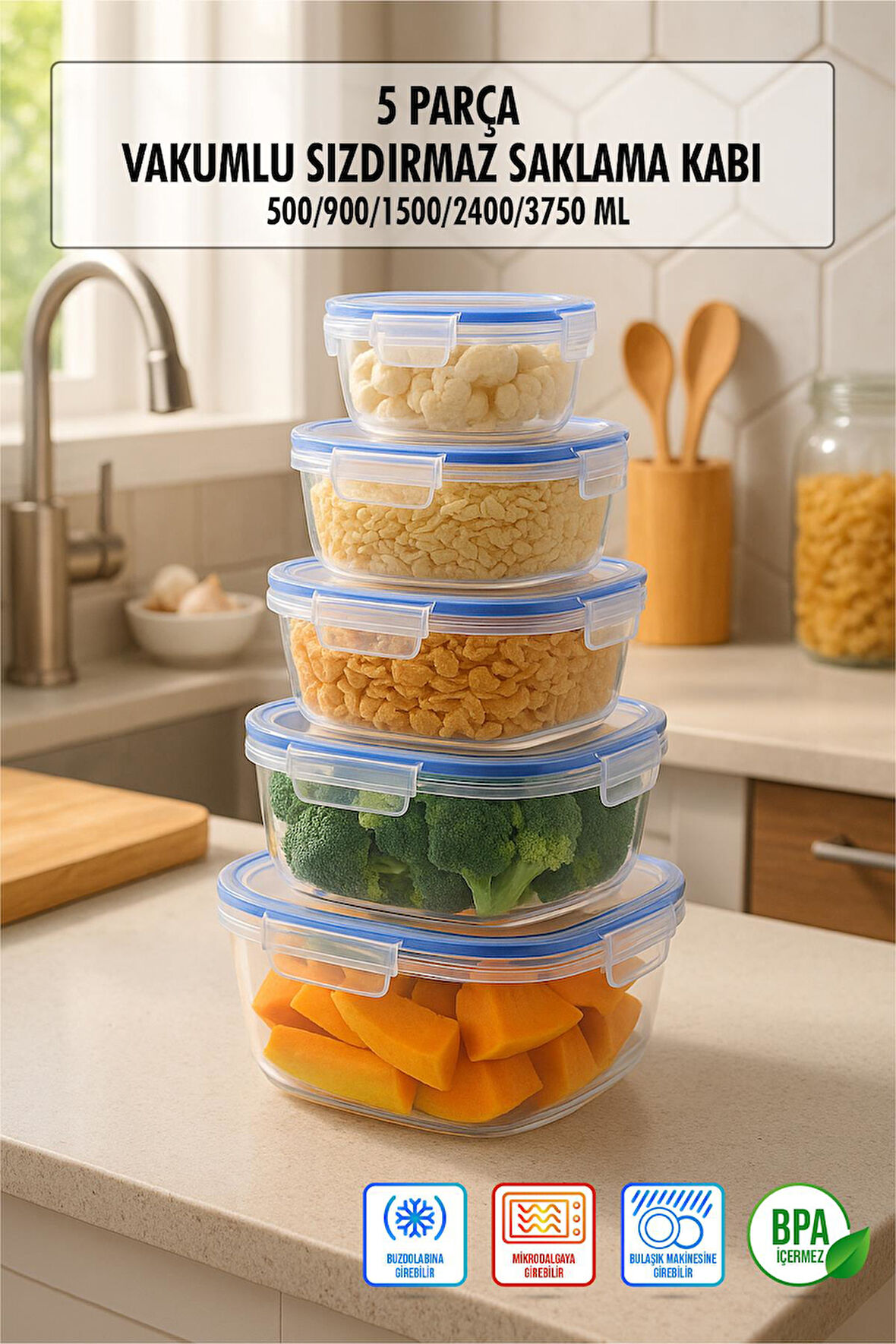 Kare 5 Parça Contalı Vakumlu Sızdırmaz Hava Almaz Saklama Kabı Seti (3750/2400/1500/900/500 Ml)