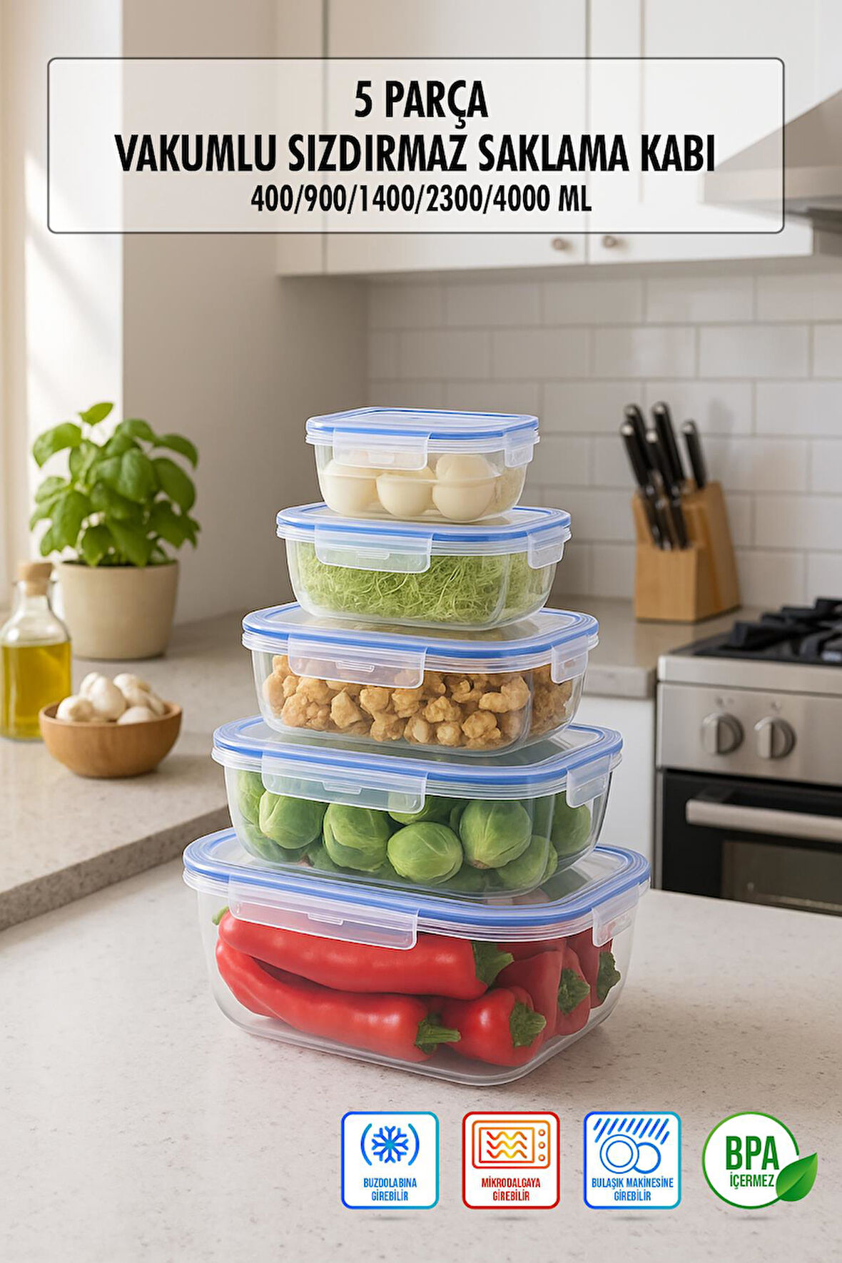 Dikdörtgen 5 Parça Contalı Vakumlu Sızdırmaz Hava Almaz Saklama Kabı Seti (4000/2300/1400/900/400 Ml)