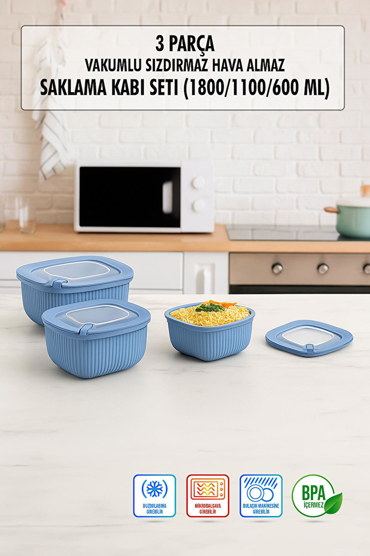 Kare 3 Parça Vakumlu Sızdırmaz Hava Almaz Saklama Kabı Seti Mavi (1800/1100/600 Ml)