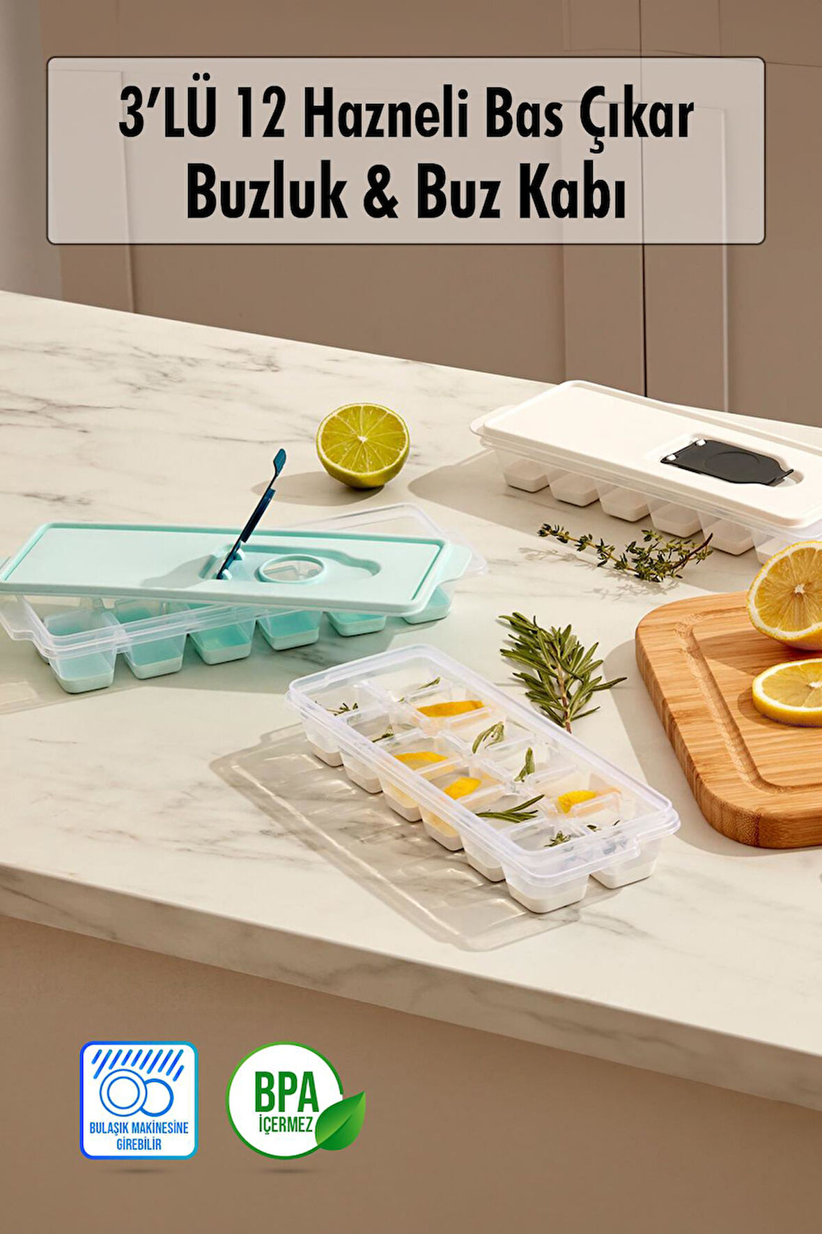 3’lü Set 12 Hazneli Bas Çıkar Buzluk & Buz Kabı