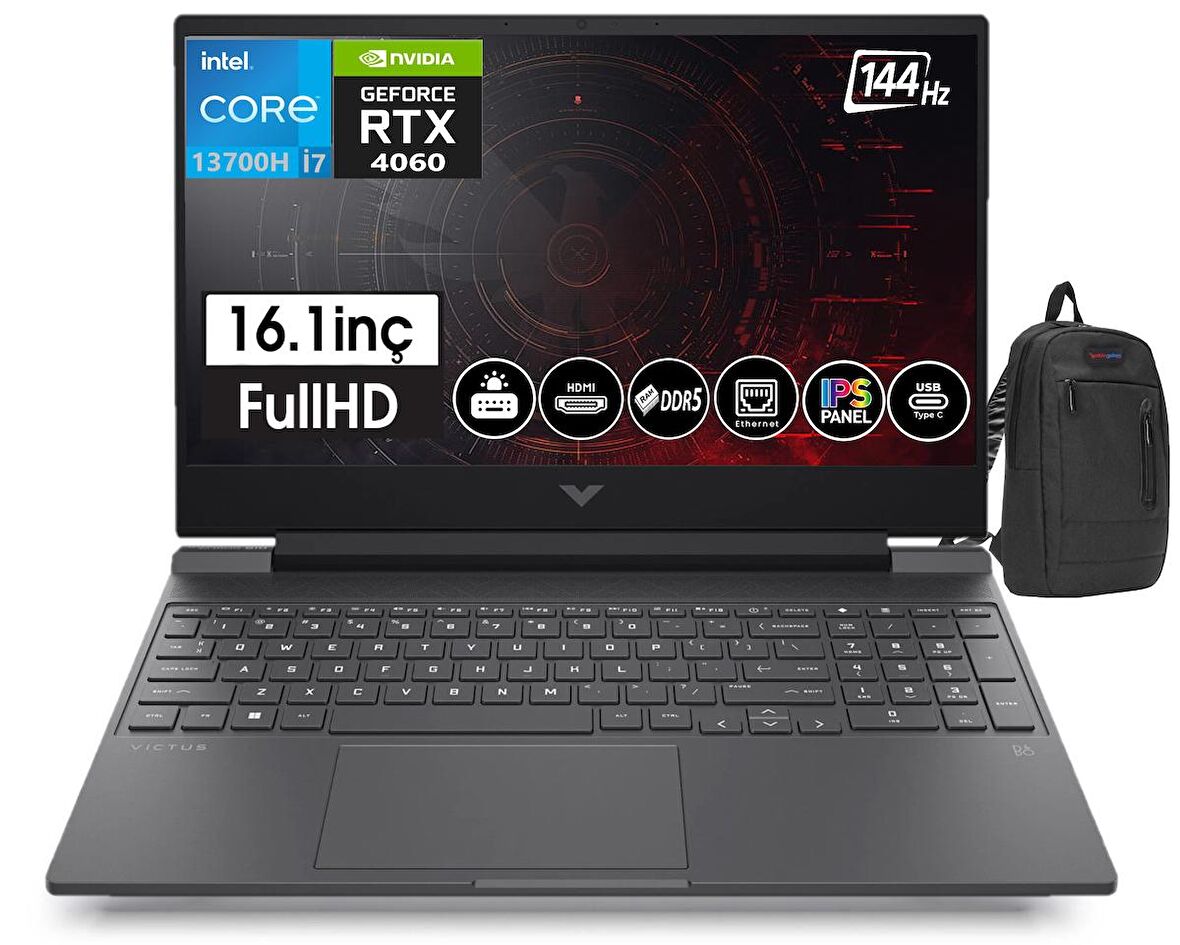 HP Victus 13. Nesil Intel i7-13700H 64GB DDR5 Ram 2TB SSD 8GB RTX4060 16,1 İnç 144Hz IPS FHD Freedos Taşınabilir Bilgisayar Z7P637EA09+ZettaÇanta