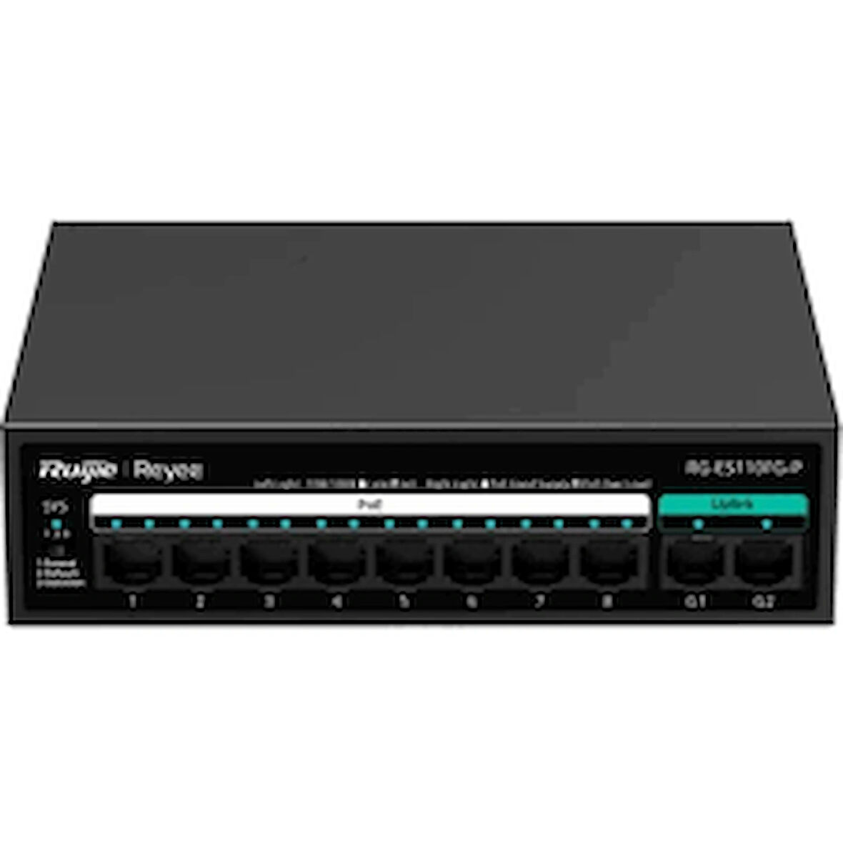 Reyee RG-ES110FG-P 10 Portlu, 10/100 Fast Ethernet, Tak Çalıştır Switch, 2 Gigabit Uplink, 8 Port PoE+ (110W)