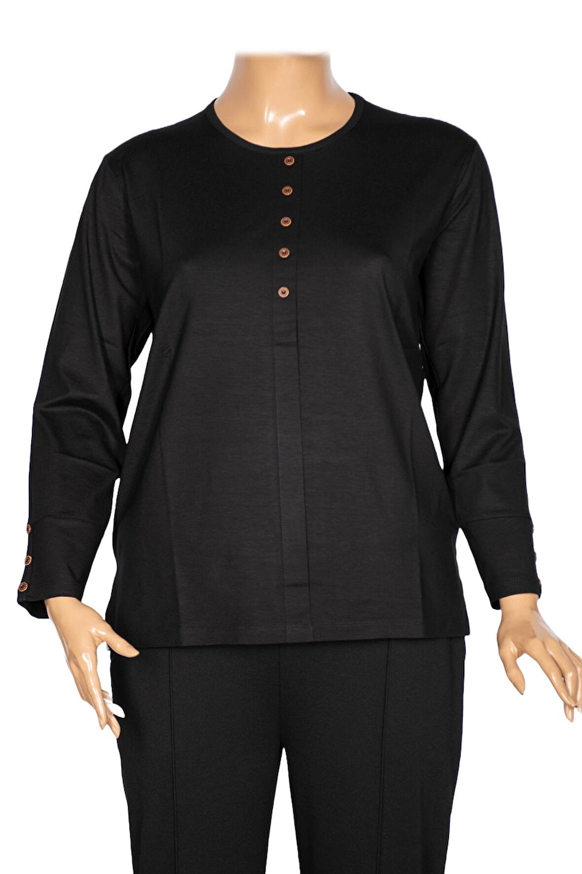 Cimariva Kadın Nüket Büyük Beden O Yaka Beş Süs Düğmeli Siyah Bluz