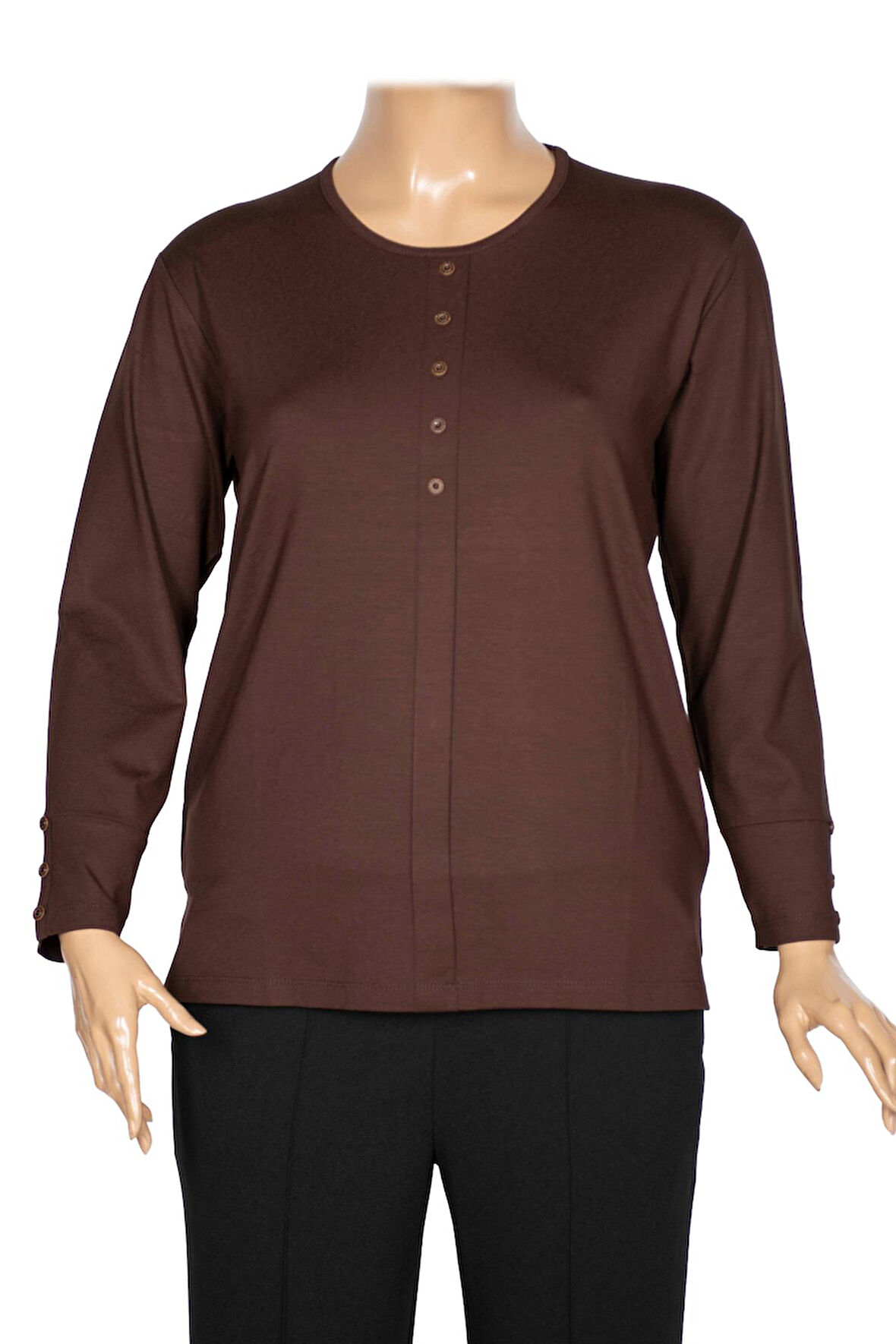 Cimariva Kadın Nüket Büyük Beden O Yaka Beş Süs Düğmeli Kahverengi Bluz