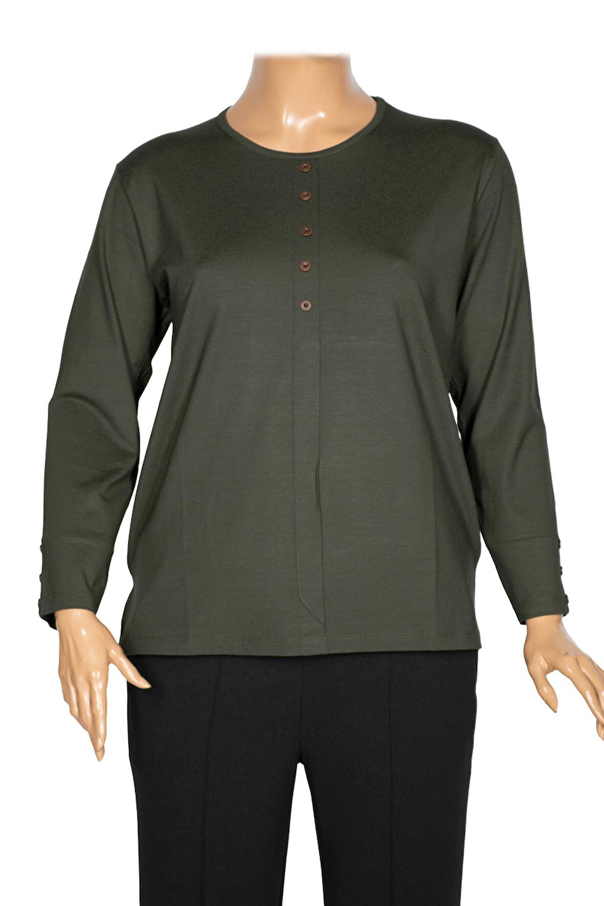 Cimariva Kadın Nüket Büyük Beden O Yaka Beş Süs Düğmeli Haki Bluz