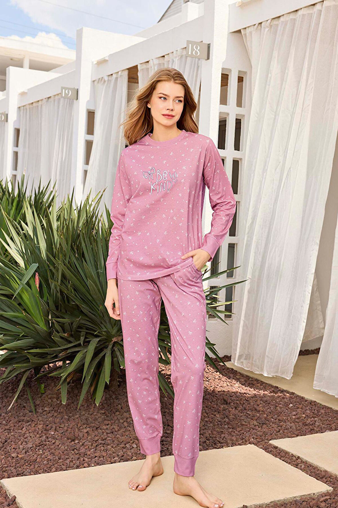 Aydoğan Kadın Lavin Ribana Manşetli Orta Pembe Koton Pijama Takım 0528