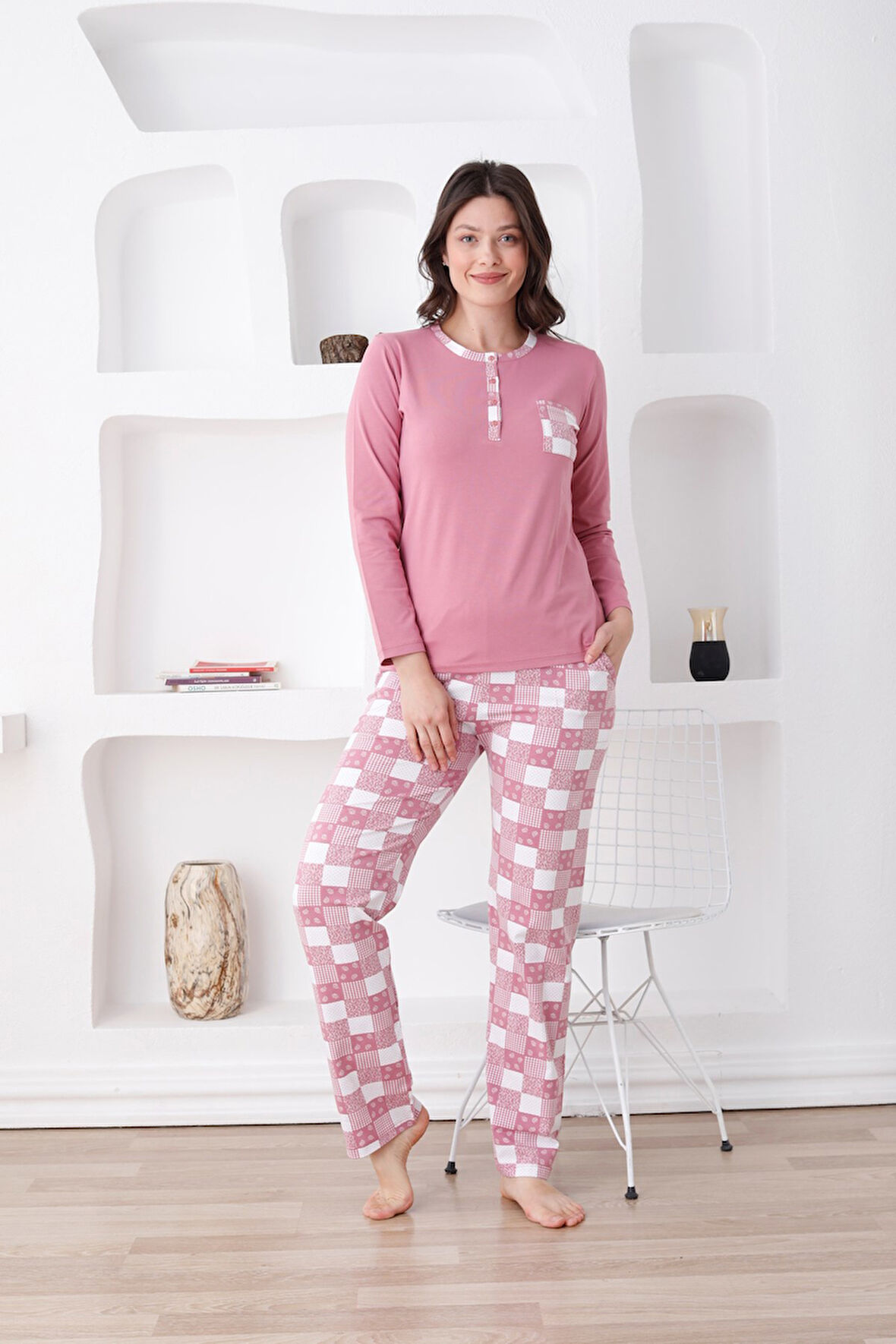 Alimer Ekoseli Kadın Pijama Takımı - 3 Düğmeli Uzun Kollu Likralı Penye Cepli Alt