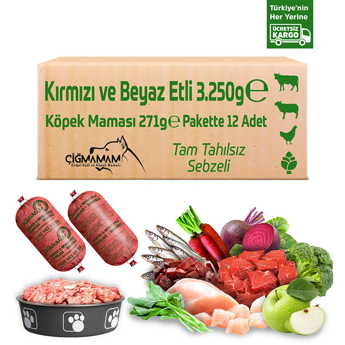 Kırmızı ve Bayaz Etli Tahılsız 3.250 Gr. 250 Gr 12 Adet Çiğmamam Barf Köpek Maması