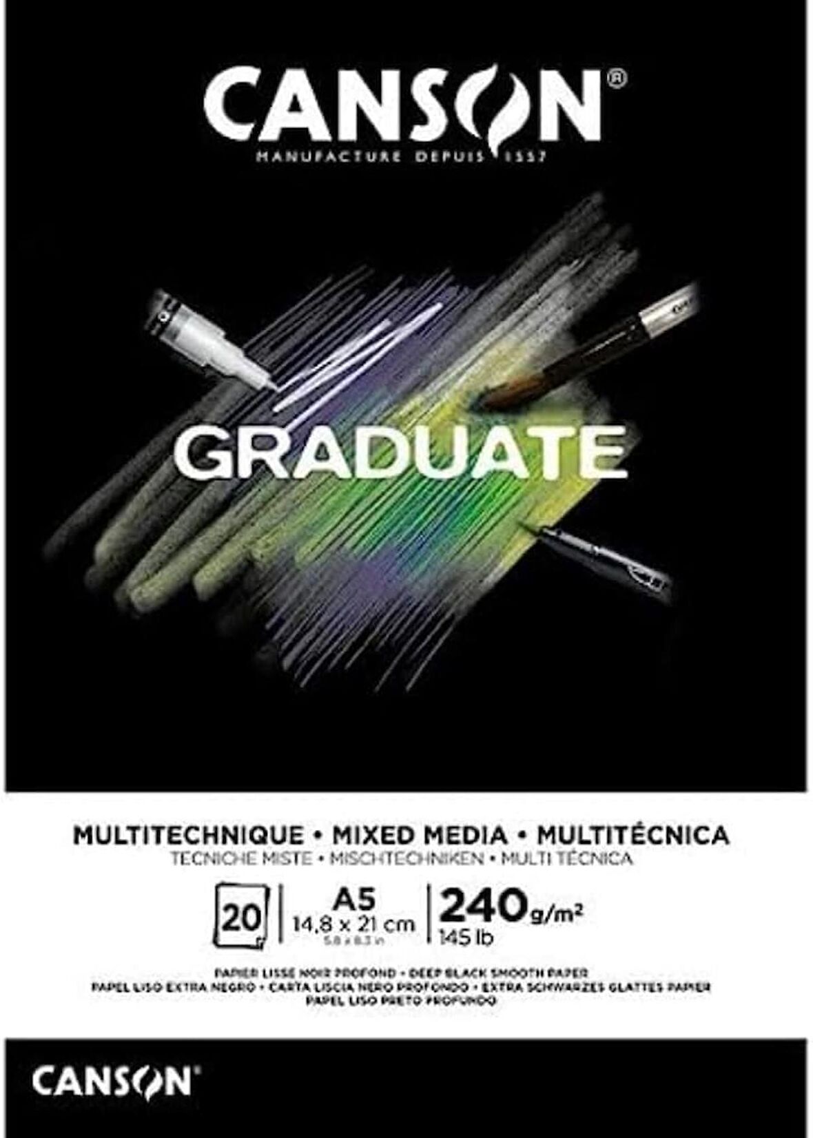 Canson Graduate Black Mix Media A5 240gr 20yp Çok Amaçlı Blok / 400131097