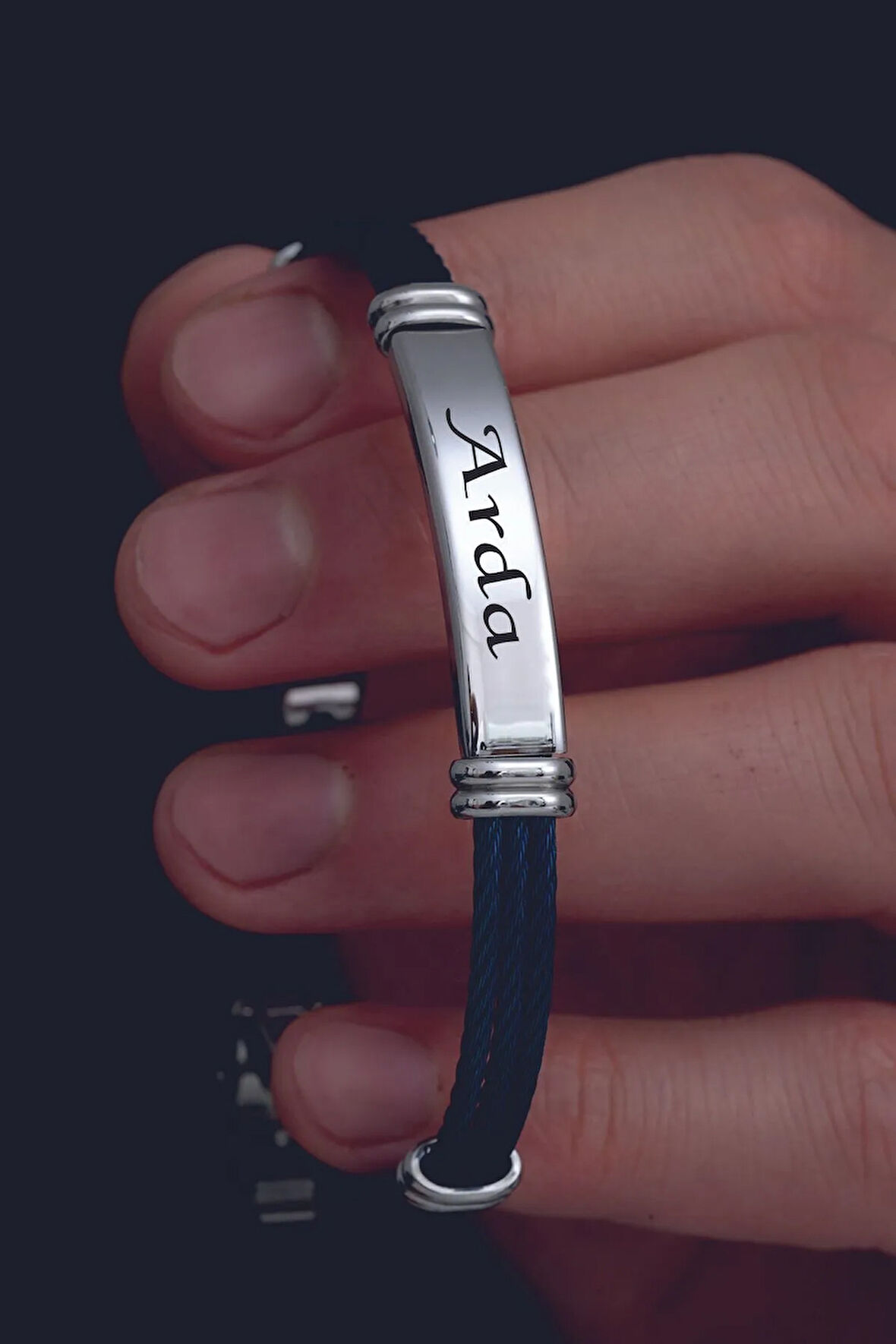 Erkek Çelik Bileklik - Çelik İsim Yazılan Mavi Erkek Bileklik