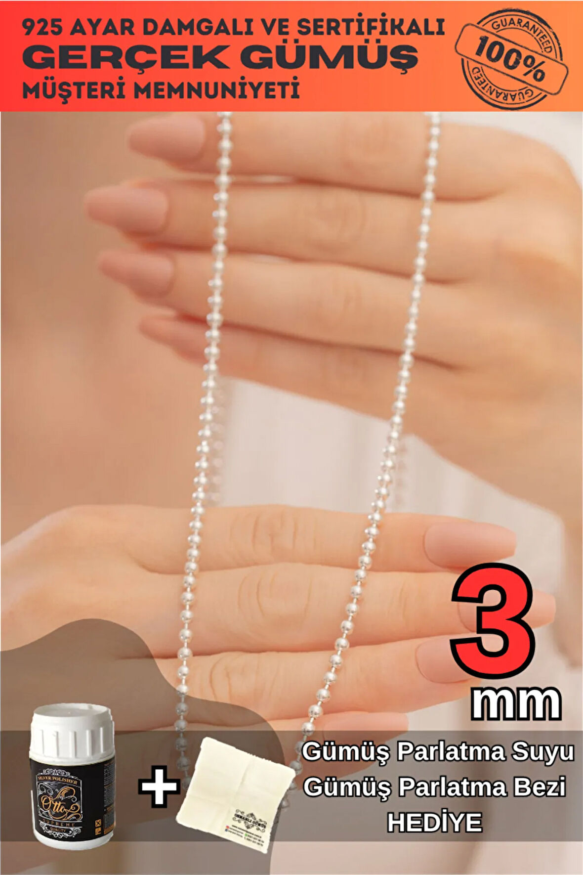 Kadın Gümüş Kolye - 3mm Top Zincir Model 925 Ayar Gümüş Kadın Kolye Zincir