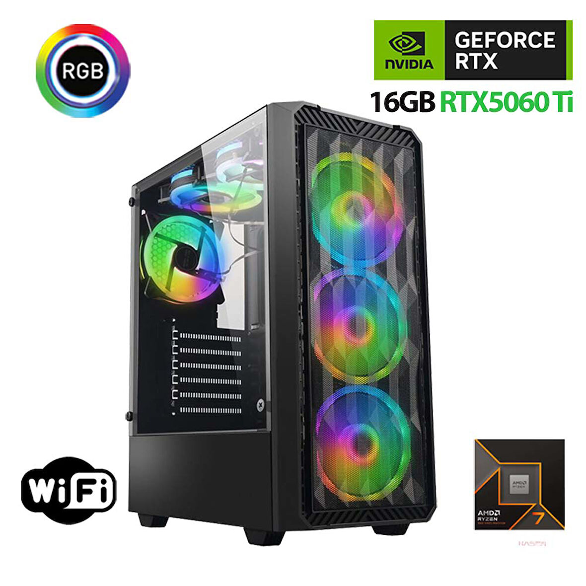 Xaser Thunder x850 Ryzen 7 7700 32GB DDR5 Ram 1TB M.2 NVMe SSD 16GB RTX5060 Ti Oyuncu Masaüstü Bilgisayarı