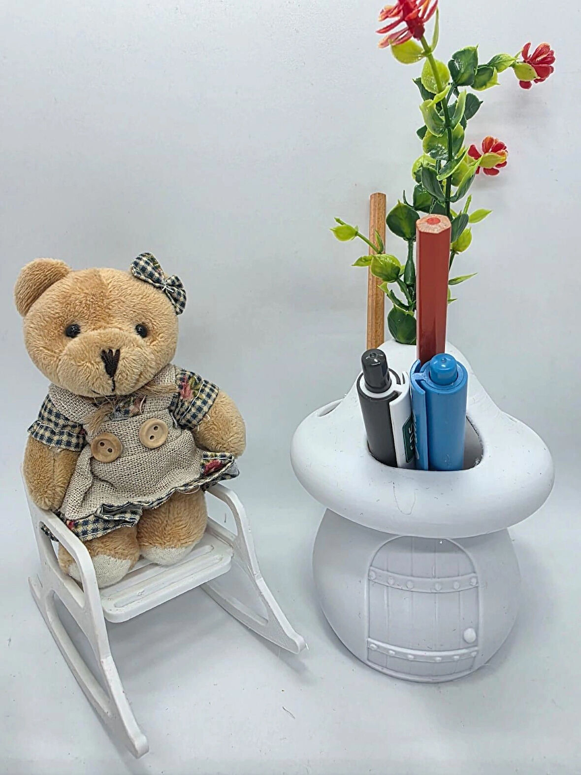 CEVİZDİZAYN KALEMLİK SET  BAYBBEAR MİNİ SALLANAN SANDALYE AYICIK & 3 GÖZLÜ KALEMLİK SETİ 🧸✏️