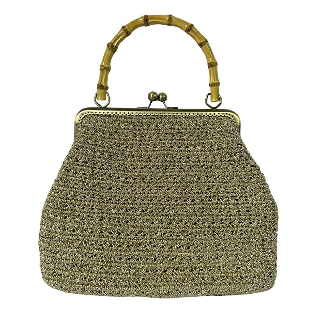 Uretti - Öznur 7392 4576El Örgüsü Ahşap Askılı Simli Kağıt İp El Çantası  / 29 cm x 22 cm