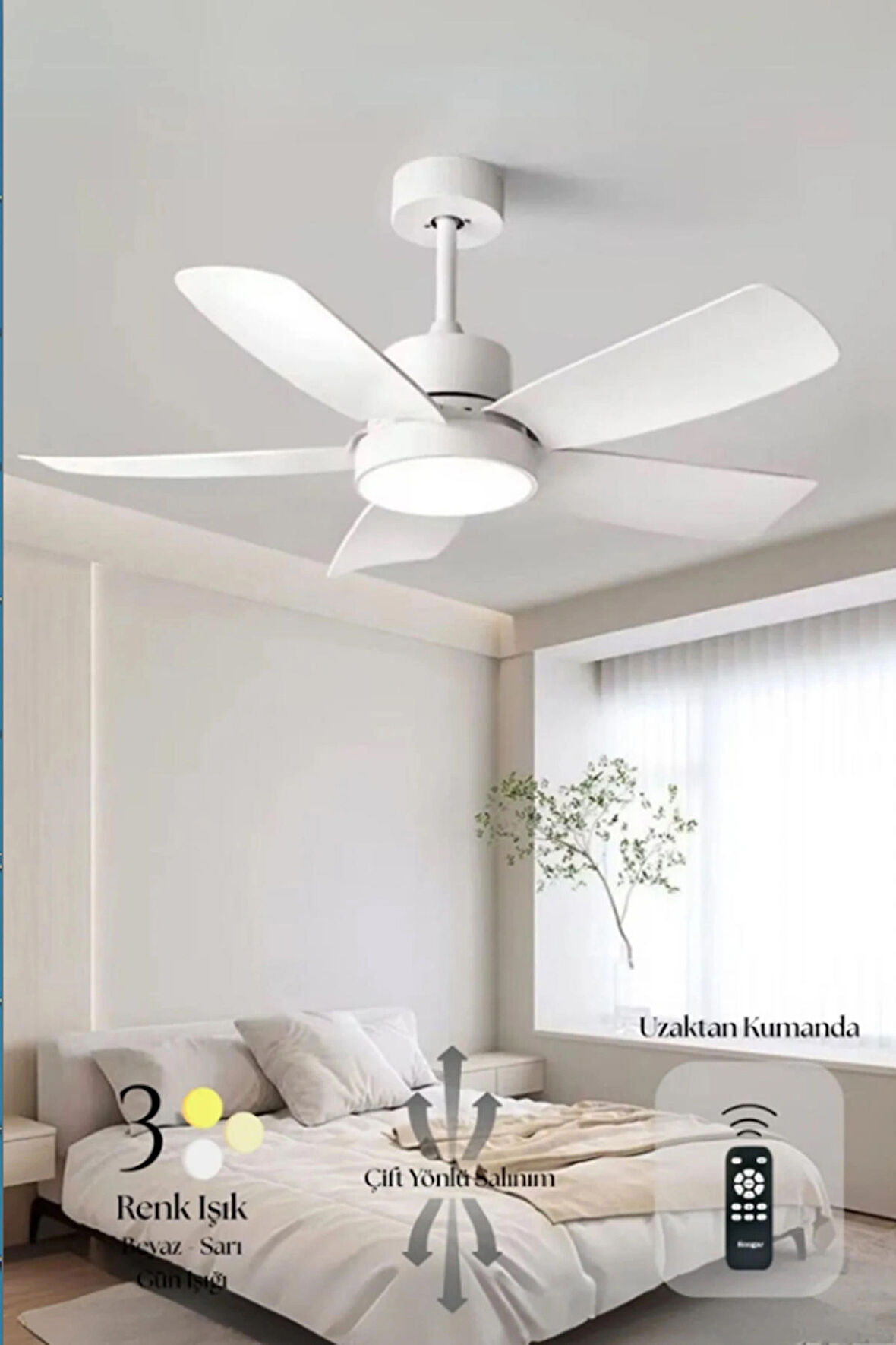 Hoogar German Beyaz 110 CM 5 Kanatlı Süper Sessiz 3 Renk Uzaktan Kumandalı Tavan Vantilatörü DC Motor