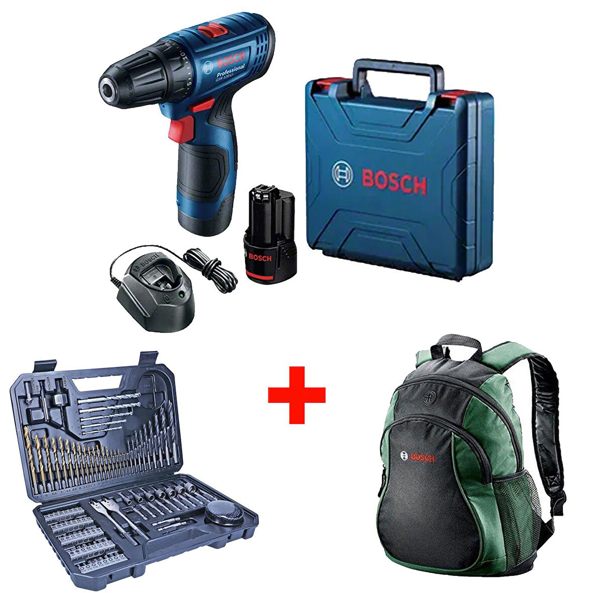 BOSCH Professional GSR 120-LI Akülü Delme Vidalama + Bosch Sırt Çantası + Bosch V-Line 103 Parça Karışık Aksesuar Seti