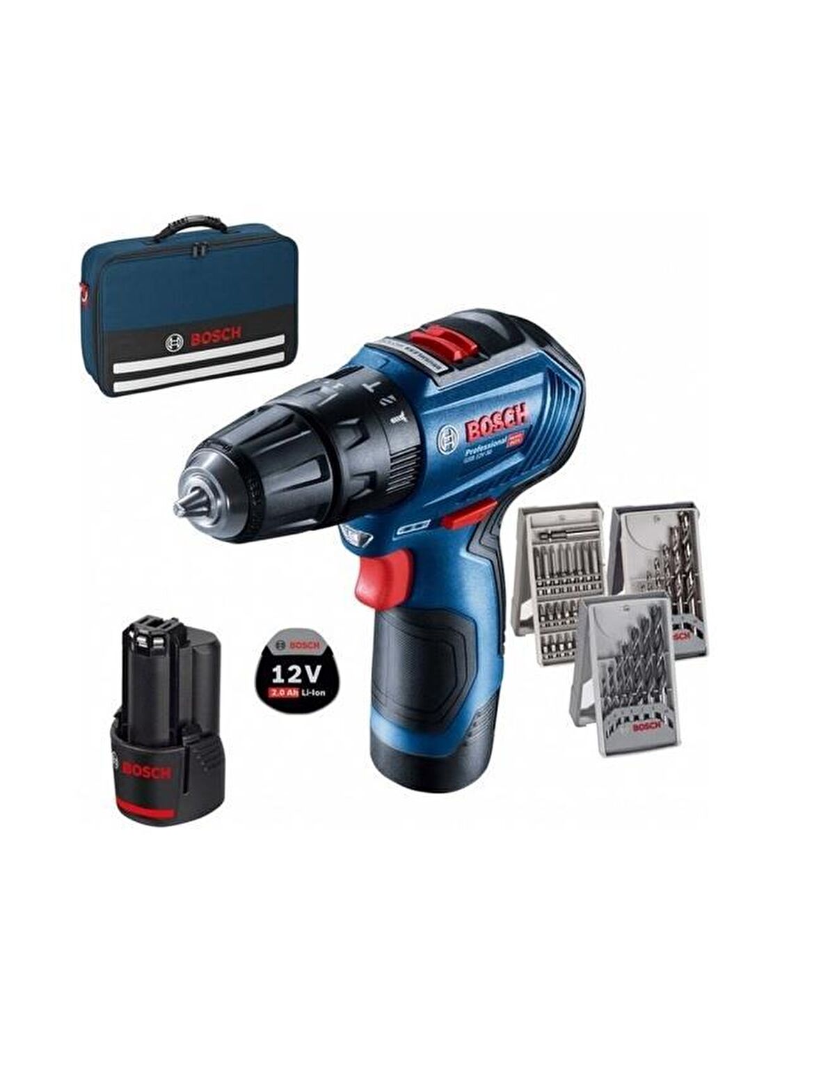 BOSCH GSB 12V-30 + 39 Parça Vidalama Seti 2x2.0Ah (0 601 9G9 101)