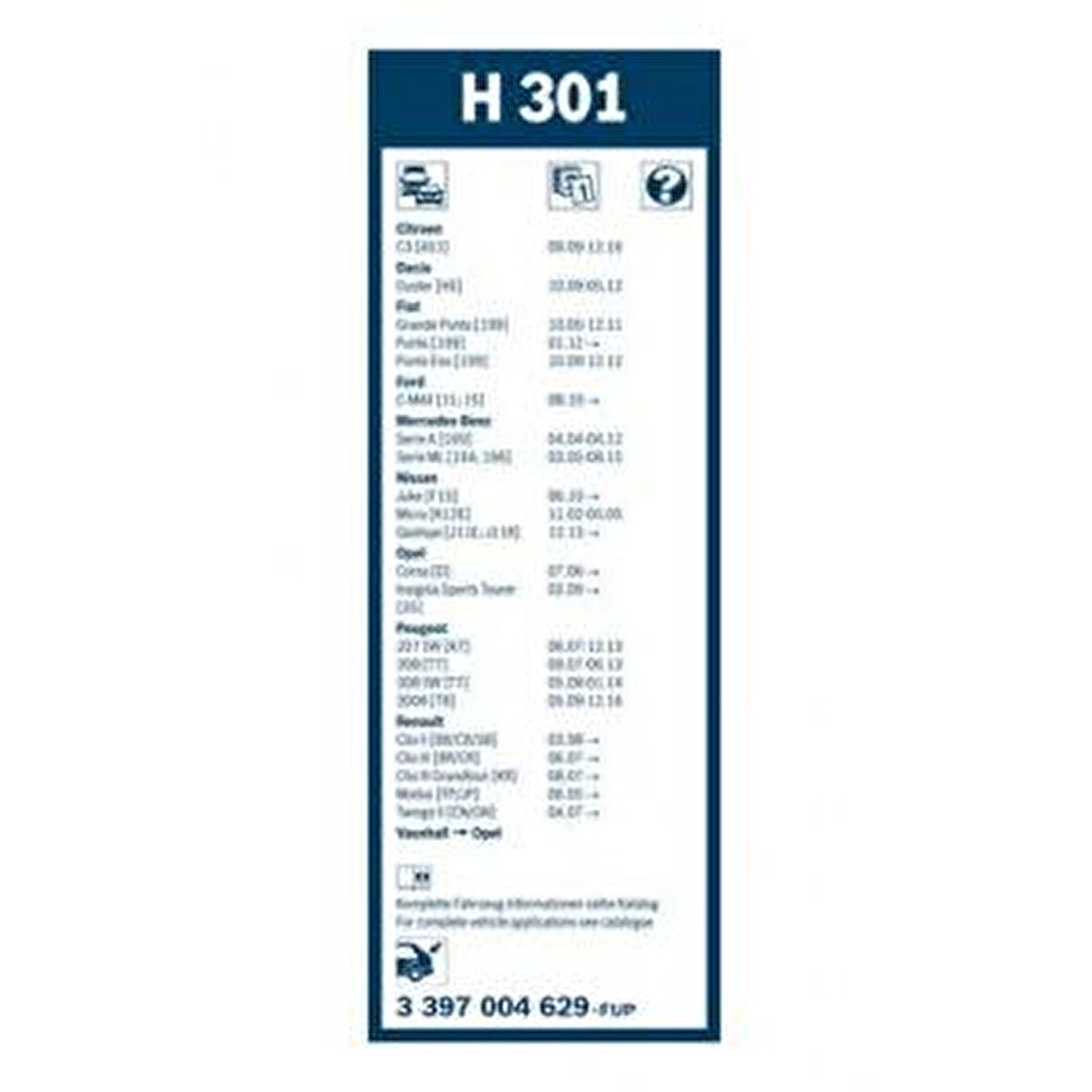 ARKA CAM SILECEK SUPURGESI 30cm TWIN CORSA 06- PUNTO 05- CLIO II 1.5 DCI 01 07 - BOSCH 3397004629