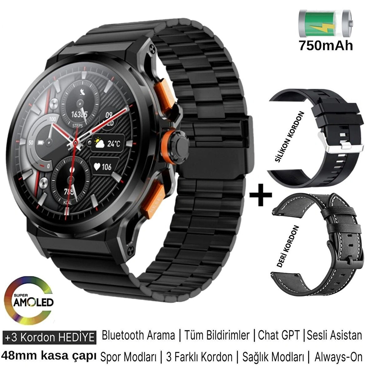 Kalobee Sk43 Akıllı saat Ultra kaliteli 3 kordonlu Amoled Ekran/Sesli görüşme/48mm Kasa/750mAh Pil