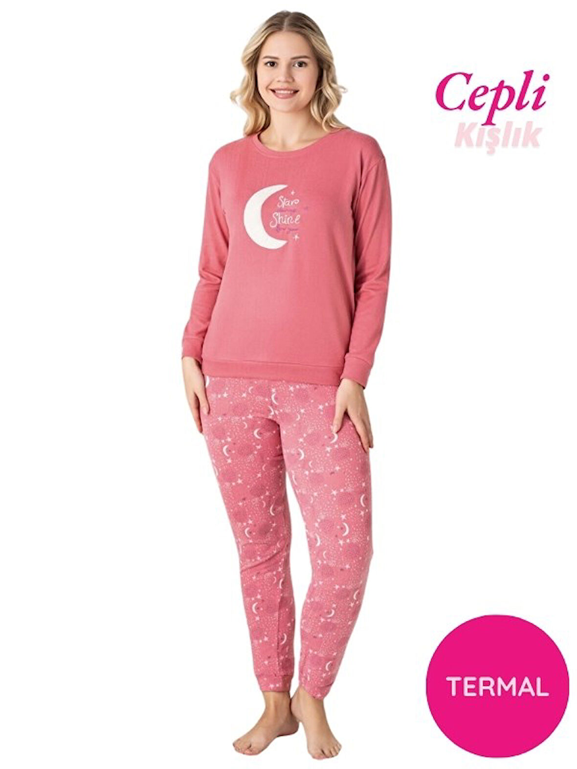 Kadın Bisiklet Yaka Düğmesiz Kışlık Termal Bilek Manşetli Jogger Uzun Kol Cepli Pijama Takımı