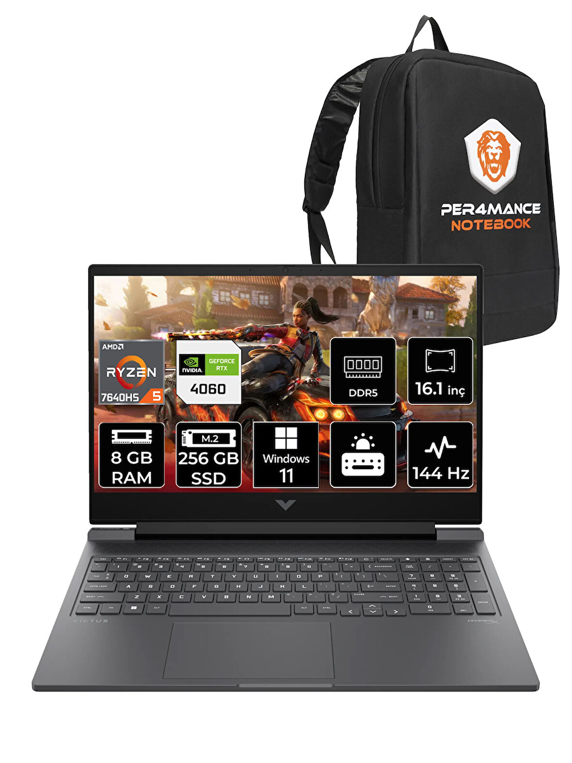 HP Victus 16 R5 7640HS 8GB RAM 256GB SSD RTX4060/8GB 144Hz 16.1'' FHD W11H Gaming Laptop & PER4 ÇANTA