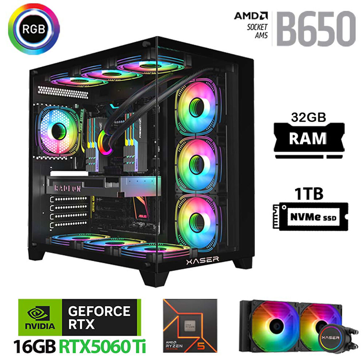 Xaser Lexus x670 Ryzen 5 7500F 32GB Ram 1TB M.2 NVMe SSD 16GB RTX5060 Ti Sıvı Soğutmalı Oyuncu Bilgisayarı