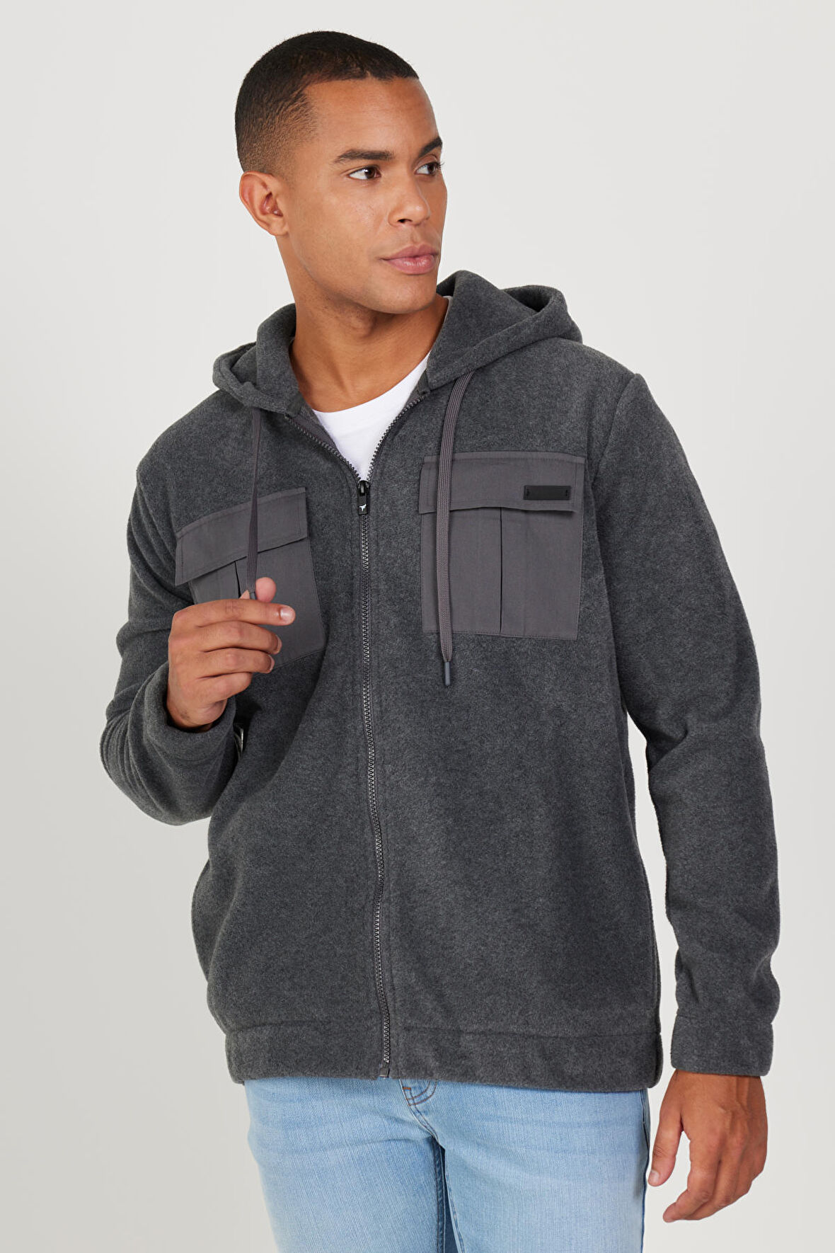 Erkek Antrasit-melanj Standart Fit Normal Kesim Kapüşonlu Polar Sweatshirt Ceket