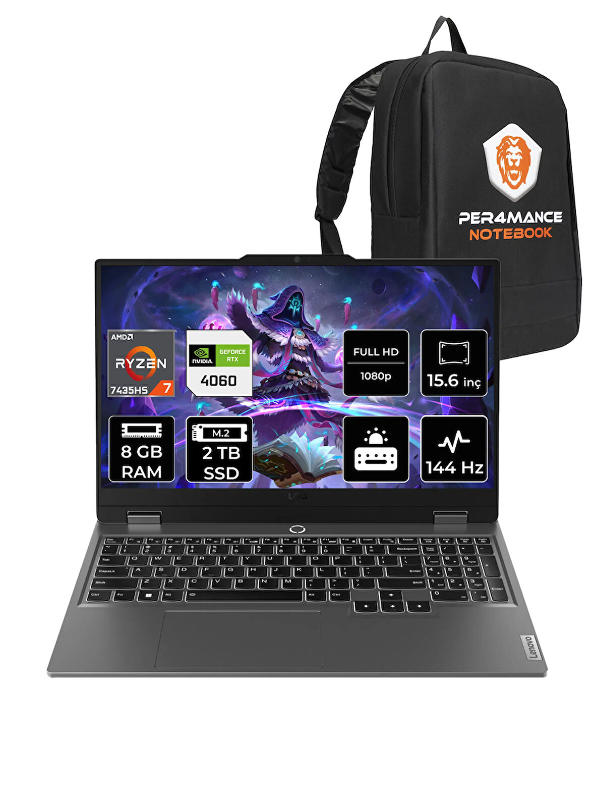 Lenovo LOQ R7 7435HS 8GB 2TB SSD RTX4060/8GB 105W 144Hz FHD 15.6" FDOS Gaming Laptop & PER4 ÇANTA