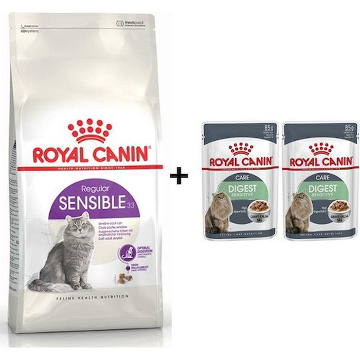 Sensible 33 Sindirim Hassasiyeti Kedi Kuru Mama 2 Kg + 2 Adet Sterilised Kısır Kedi Yaş Maması 85 gr
