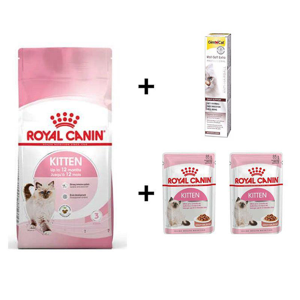 Royal Canin Kitten Yavru Kuru Kedi Maması 4 Kg + 2 Adet RC Yaş Mama 85 gr + 20 gr GimCat Malt