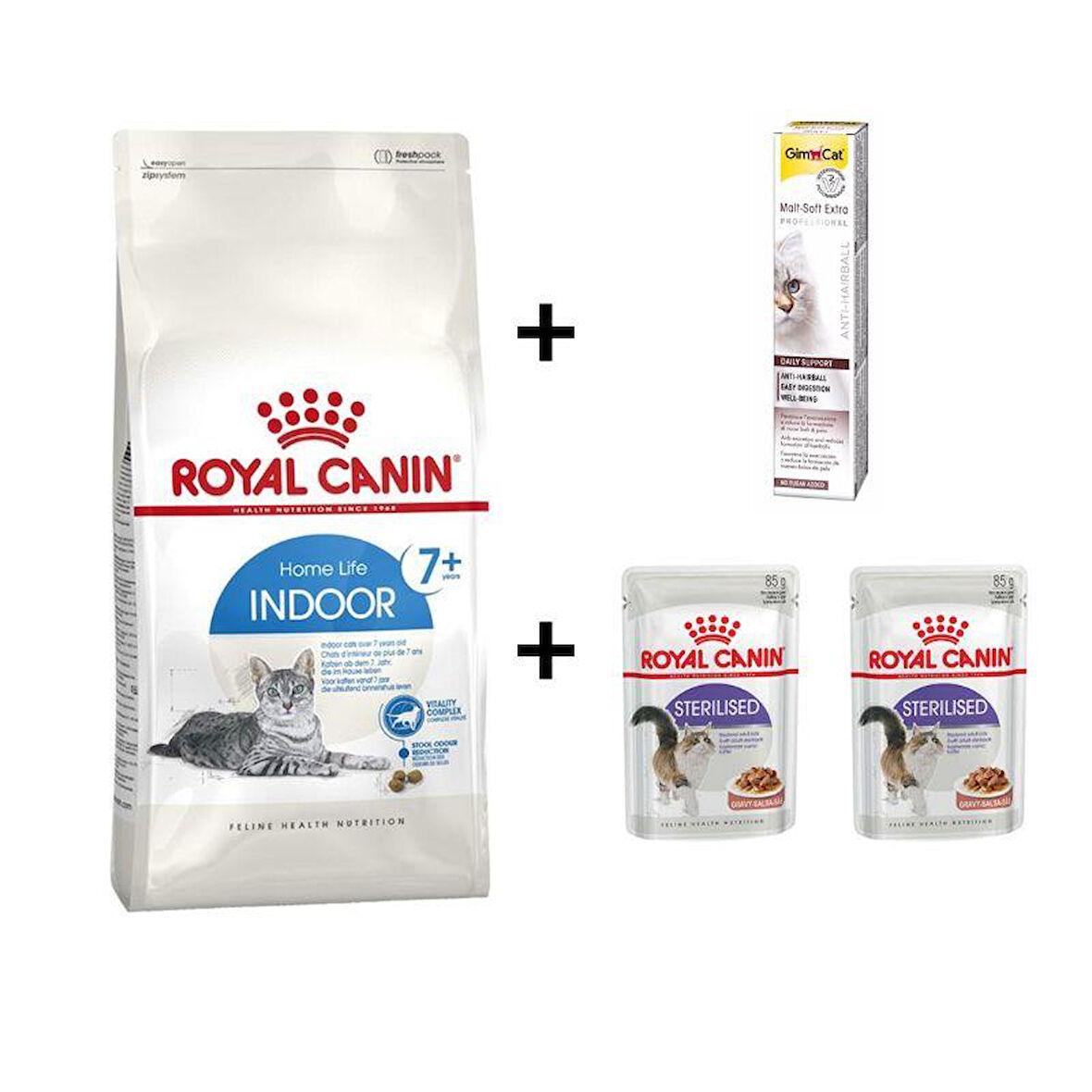 Royal Canin İndoor 7+ Yaşlı Kuru Kedi Maması 1,5 Kg + 2 Adet RC Yaş Mama 85 gr + 20 gr GimCat Malt 
