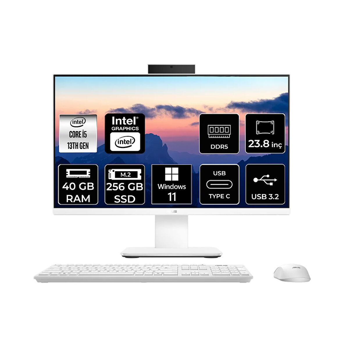 Asus V440 Intel Core i5 13420H 40GB 256GB SSD 23.8" FHD W11P All in One Bilgisayar Beyaz & USB Bellek