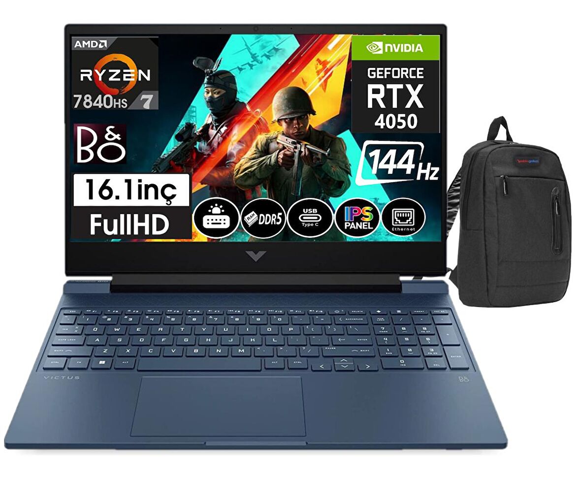 HP Victus 16-S0022NT AMD Ryzen7 7840HS 16GB DDR5 Ram 512GB SSD 6GB RTX4050 16,1 İnç 144Hz IPS FHD Freedos Taşınabilir Bilgisayar 77Z588EA01+ZettaÇanta