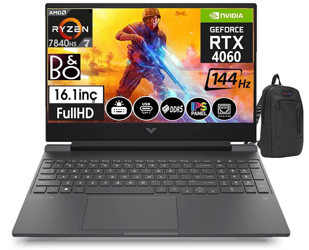 HP Victus S0014NT Ryzen 7 7840HS 32gb DDR5 Ram 1tb SSD 8GB RX4060 16,1 İnç 144Hz IPS FHD Windows11Home Taşınabilir Bilgisayar 77Z4M5EA14+ZettaÇanta