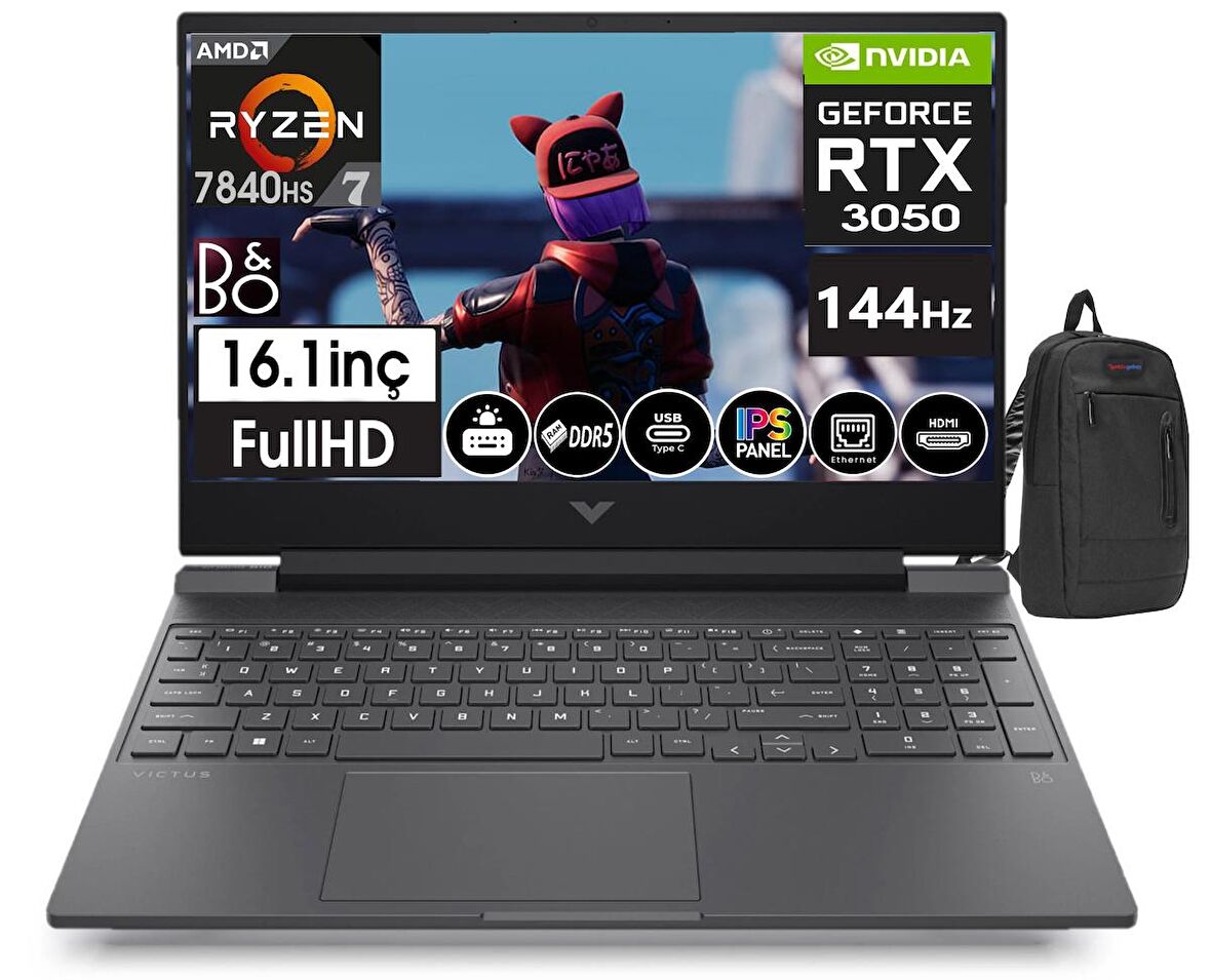 HP Victus S0045NT Ryzen 7 7840HS 64GB DDR5 Ram 512GB SSD 6GB RTX3050 16,1 İnç 144Hz IPS FHD Freedos Taşınabilir Bilgisayar 888Q26EA07+ZettaÇanta