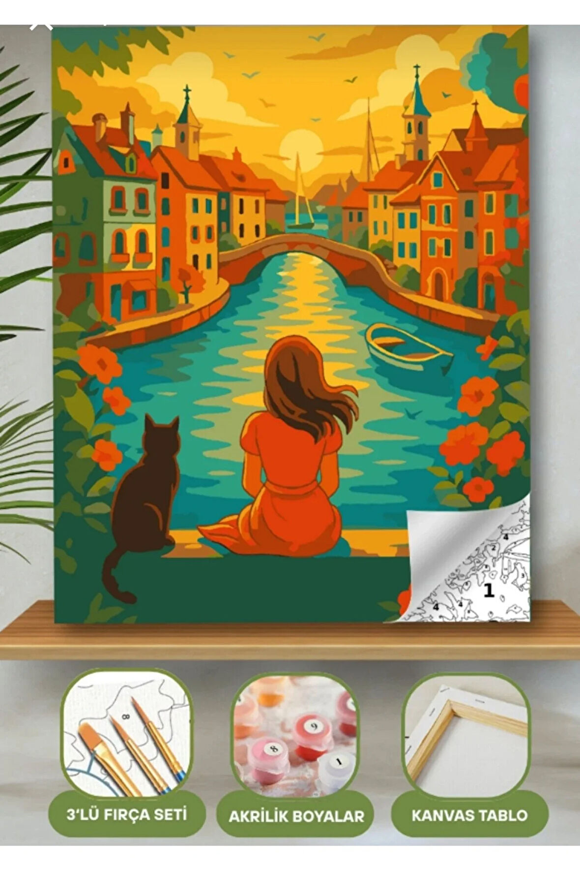 Sayılarla Boyama Seti 40x50 Cm (Çıtalı) Fırça Boya Dahil Numaralı Tuval Kız ve Kedi